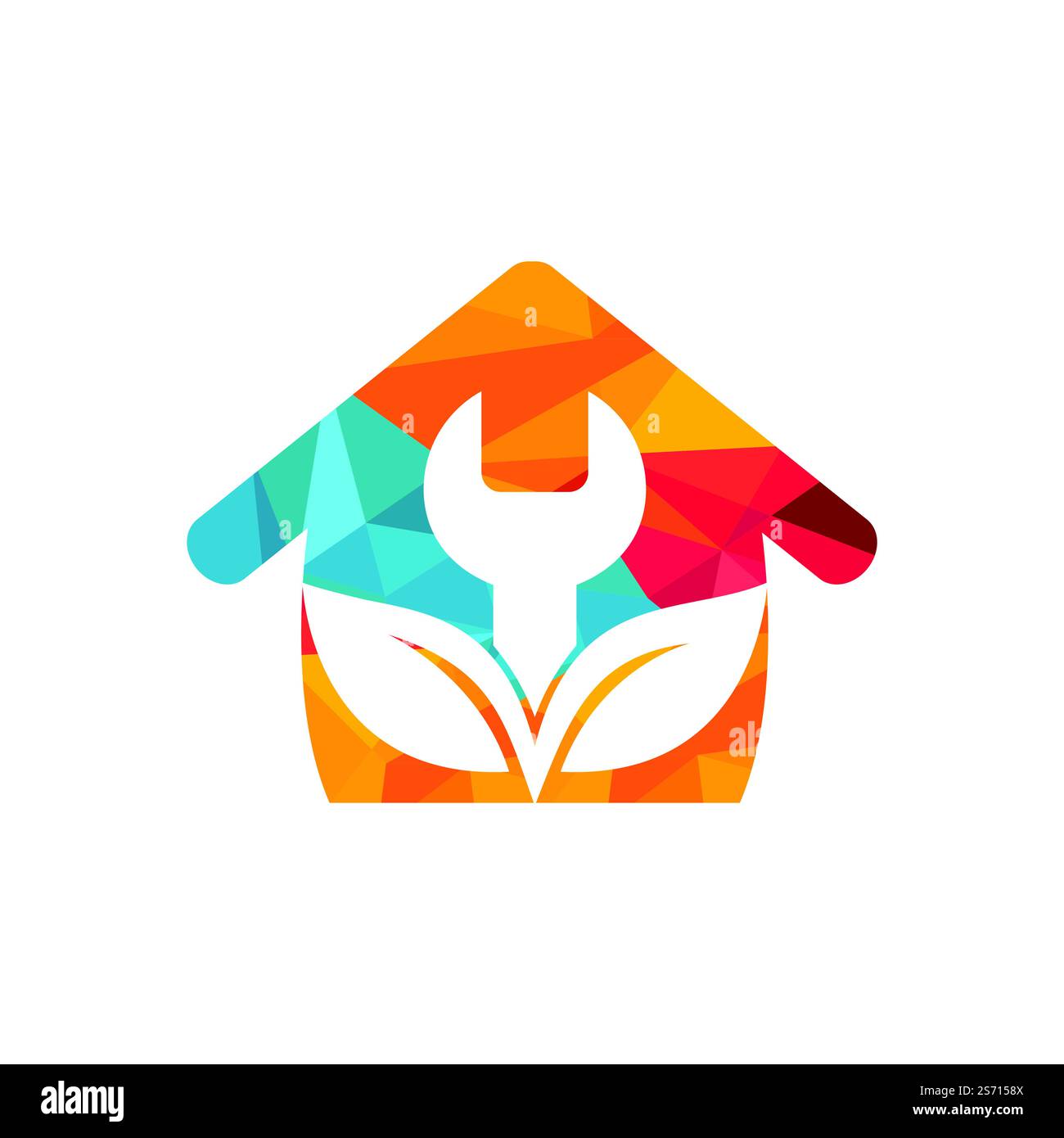 Design con logo Home combinato con chiave e foglie. Design del logo natura della foglia di servizio di riparazione. Illustrazione Vettoriale