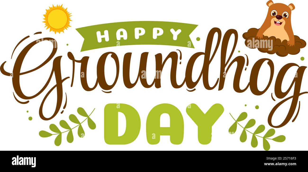 Buon giorno di Groundhog il 2 febbraio con il carattere carino Marmot e il giardino modello di sfondo disegnato a mano Cartoon Flat Illustrazione Illustrazione Vettoriale