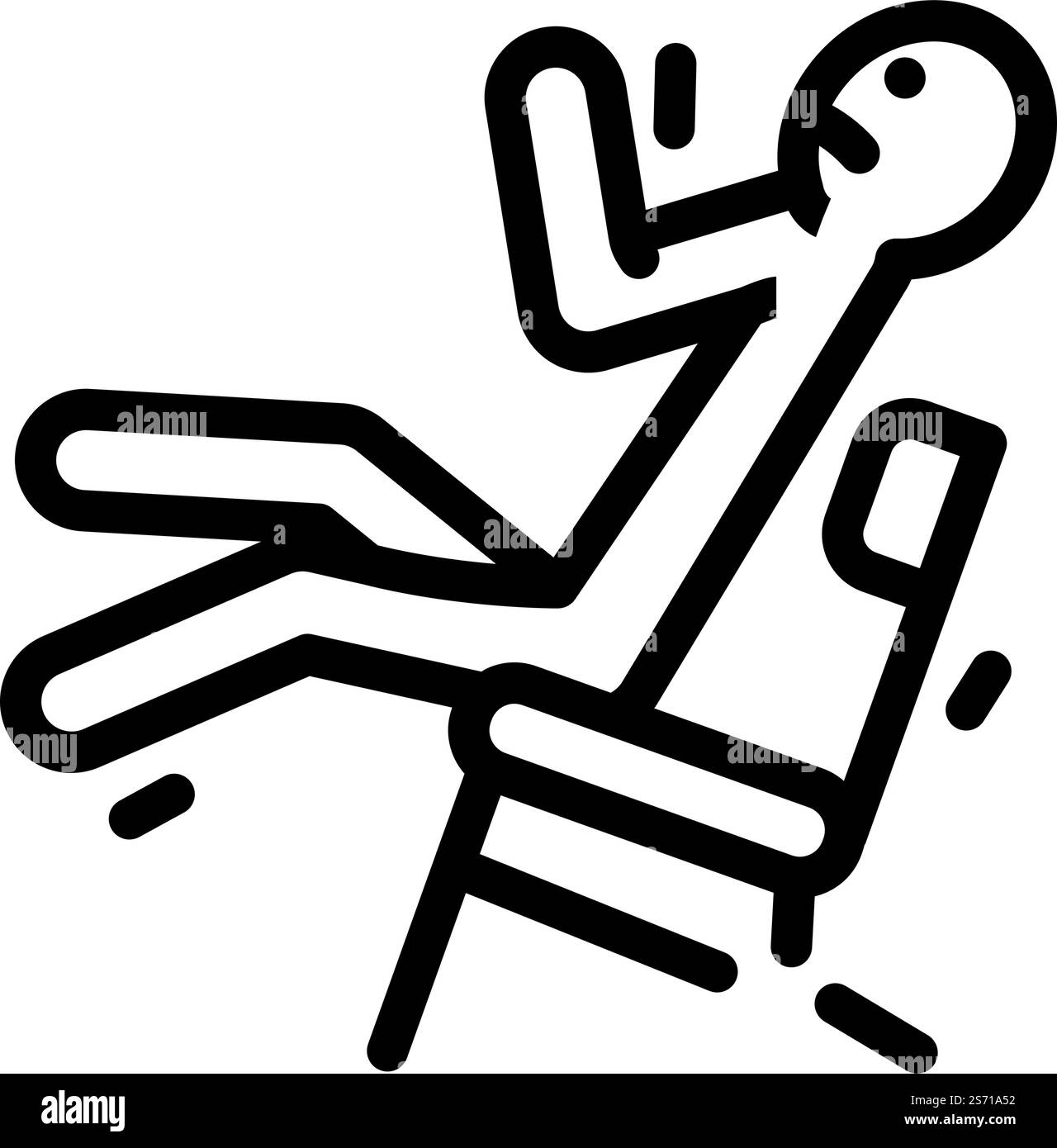 vettore dell'icona della linea di incidente uomo sedia rotta. cartello di incidente con sedia rotta. illustrazione nera del simbolo del contorno isolato. illustrazione vettoriale dell'icona della linea di incidente uomo sedia rotta Illustrazione Vettoriale