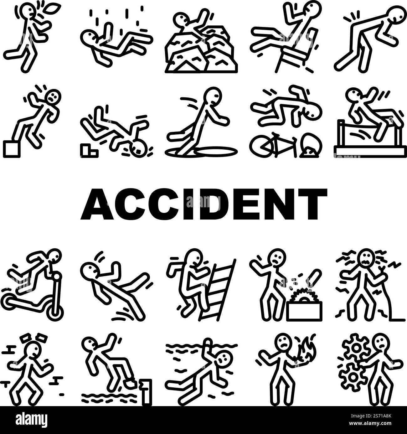 le icone delle persone con lesioni causate da incidenti impostano il vettore. incidenti stradali, sicurezza in caso di guasto, pericolo stradale, precauzioni per lo scivolamento, rischio di lavoro incidente stradale infortunio uomo persona illustrazioni di contorno nero. le icone delle persone con lesioni causate da incidenti impostano il vettore Illustrazione Vettoriale