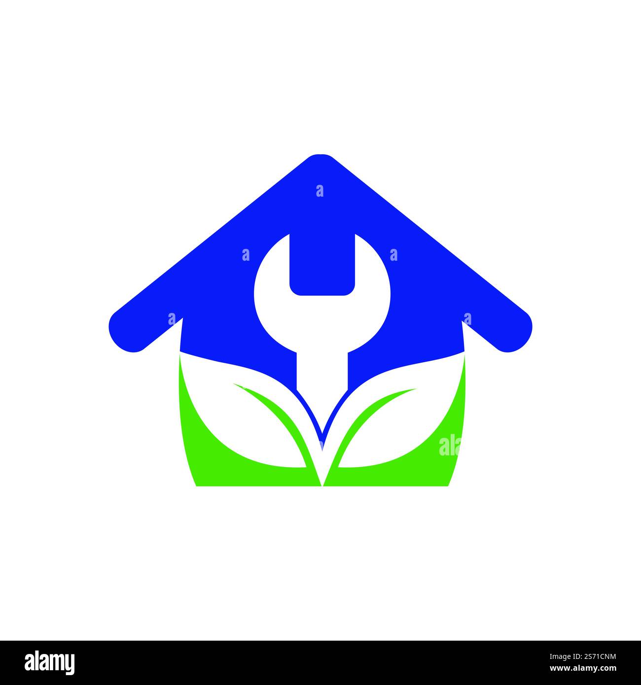 Design con logo Home combinato con chiave e foglie. Design del logo natura della foglia di servizio di riparazione. Illustrazione Vettoriale