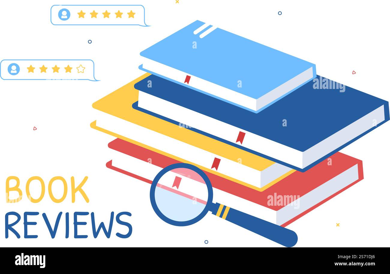 Modello di revisione del libro Illustrazione piatta di Cartoon disegnata a mano con il feedback del lettore per l'analisi, la valutazione, la soddisfazione e i commenti sulle pubblicazioni Illustrazione Vettoriale