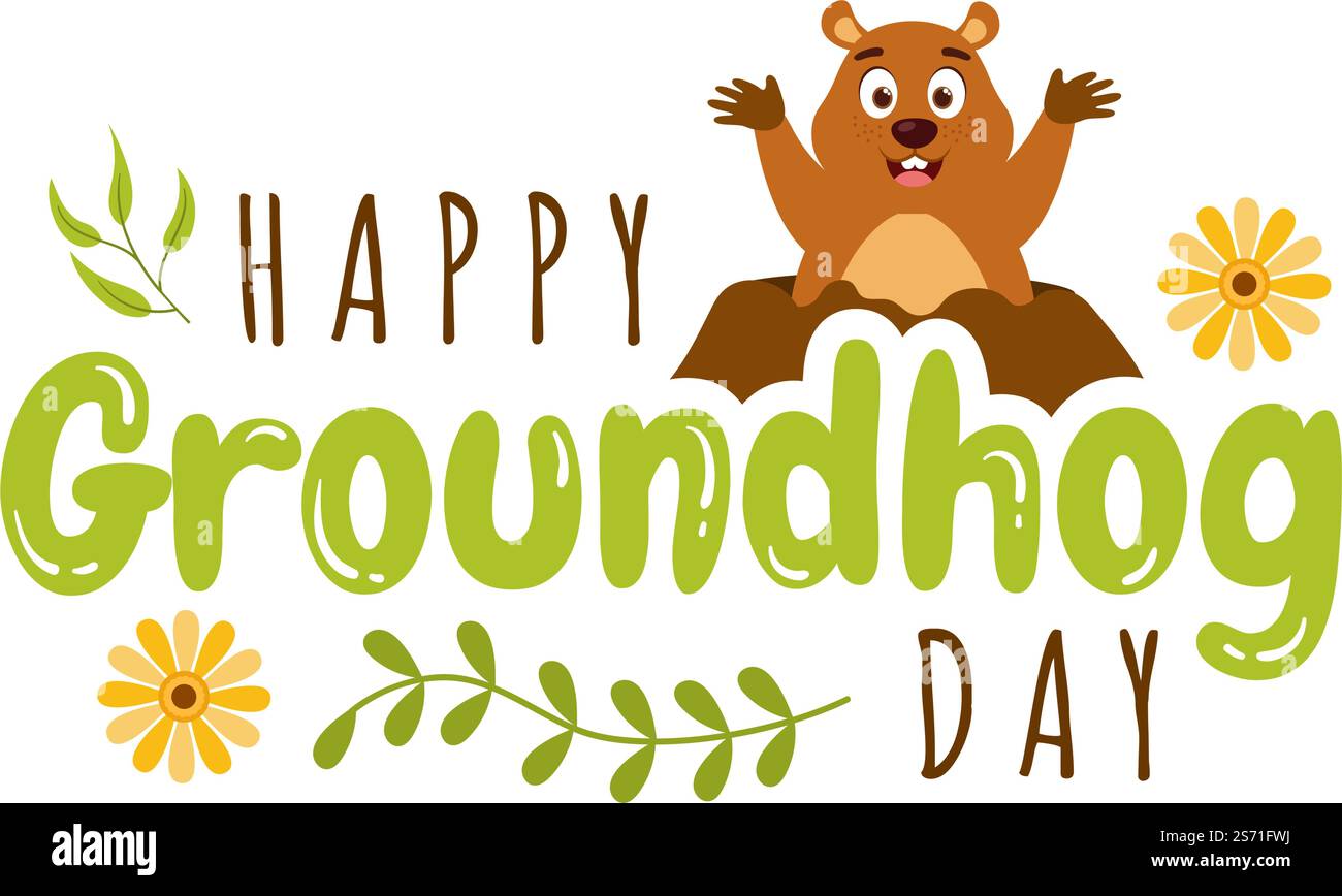 Buon giorno di Groundhog il 2 febbraio con il carattere carino Marmot e il giardino modello di sfondo disegnato a mano Cartoon Flat Illustrazione Illustrazione Vettoriale