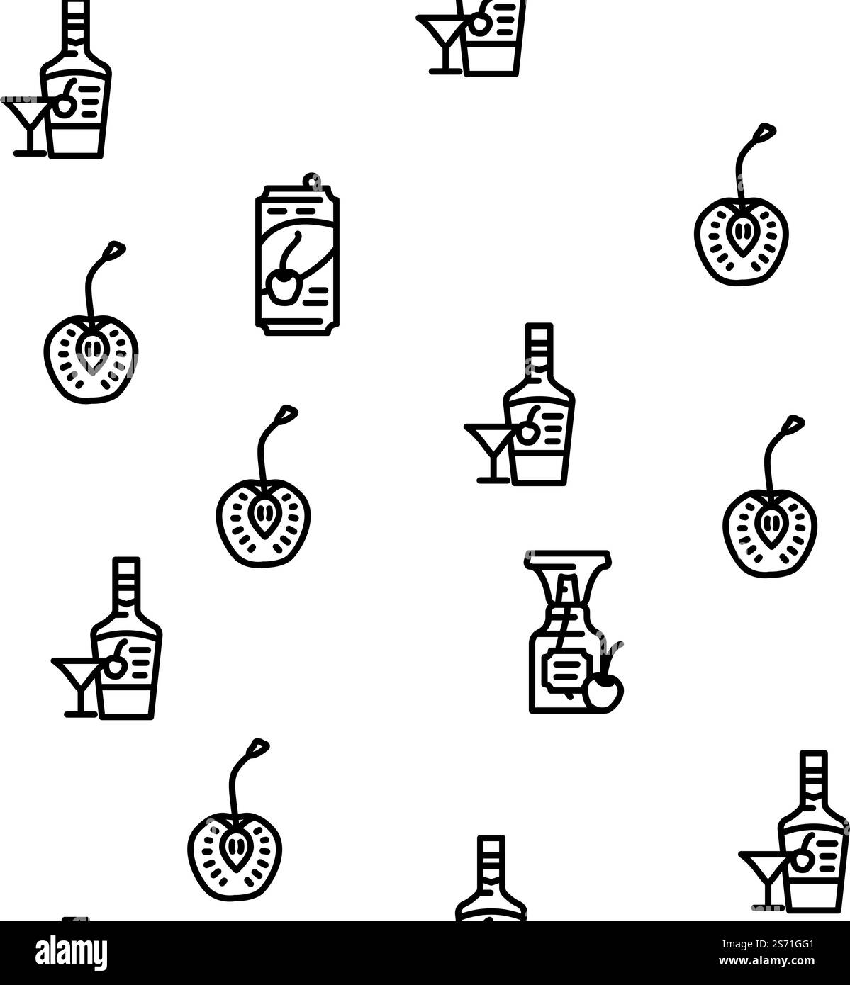 vettore di foglie di bacche bianche rosse di ciliegia motivo senza cuciture illustrazione a linee sottili. motivo senza cuciture con vettore di foglie di bacca bianca rossa ciliegia Illustrazione Vettoriale