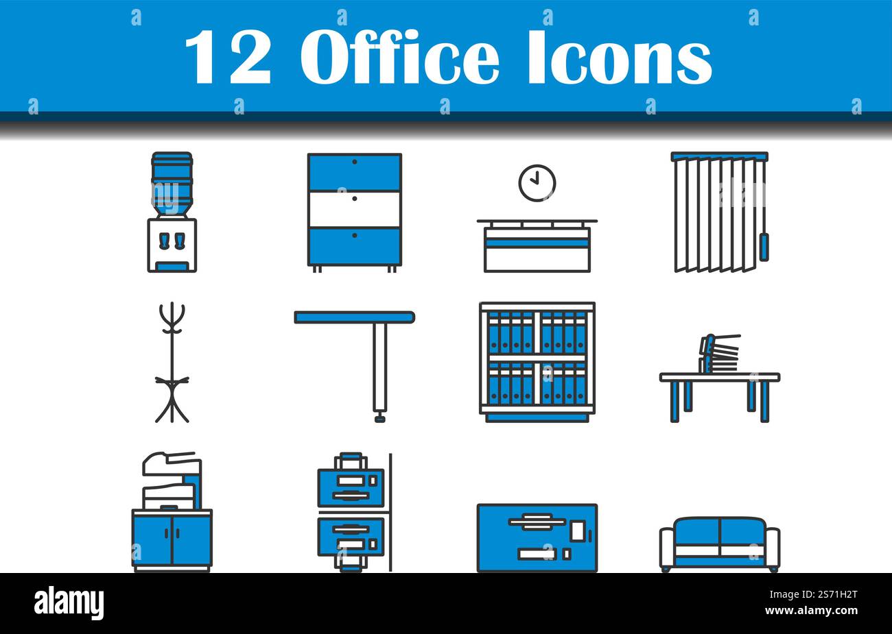 Set di icone Office. Contorno grassetto modificabile con disegno riempimento colore. Illustrazione vettoriale. Illustrazione Vettoriale