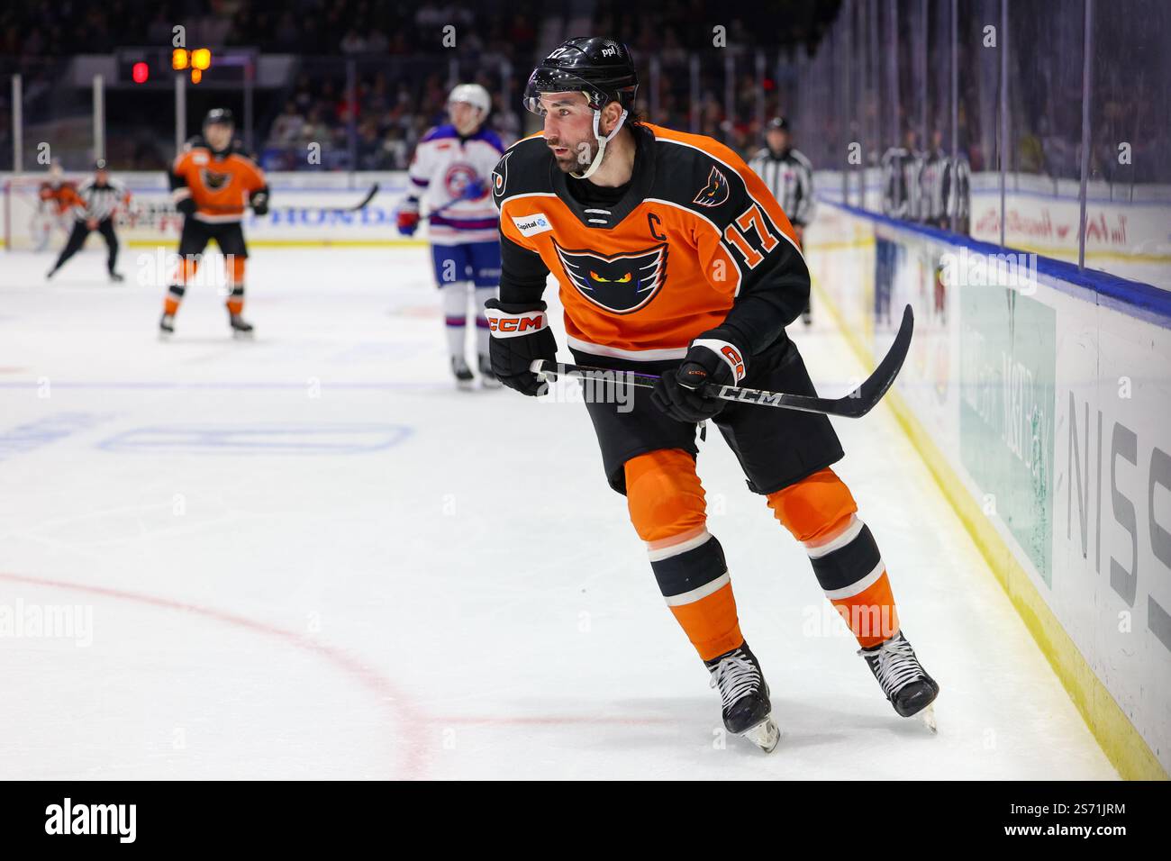 Rochester, New York, Stati Uniti. 17 gennaio 2025. Rodrigo Abols (17 anni), attaccante dei Lehigh Valley Phantoms, pattina nel primo periodo in una partita contro i Rochester Americans. I Rochester Americans ospitarono i Lehigh Valley Phantoms nella Military Appreciation Night in una partita della American Hockey League alla Blue Cross Arena di Rochester, New York. (Jonathan Tenca/CSM). Crediti: csm/Alamy Live News Foto Stock