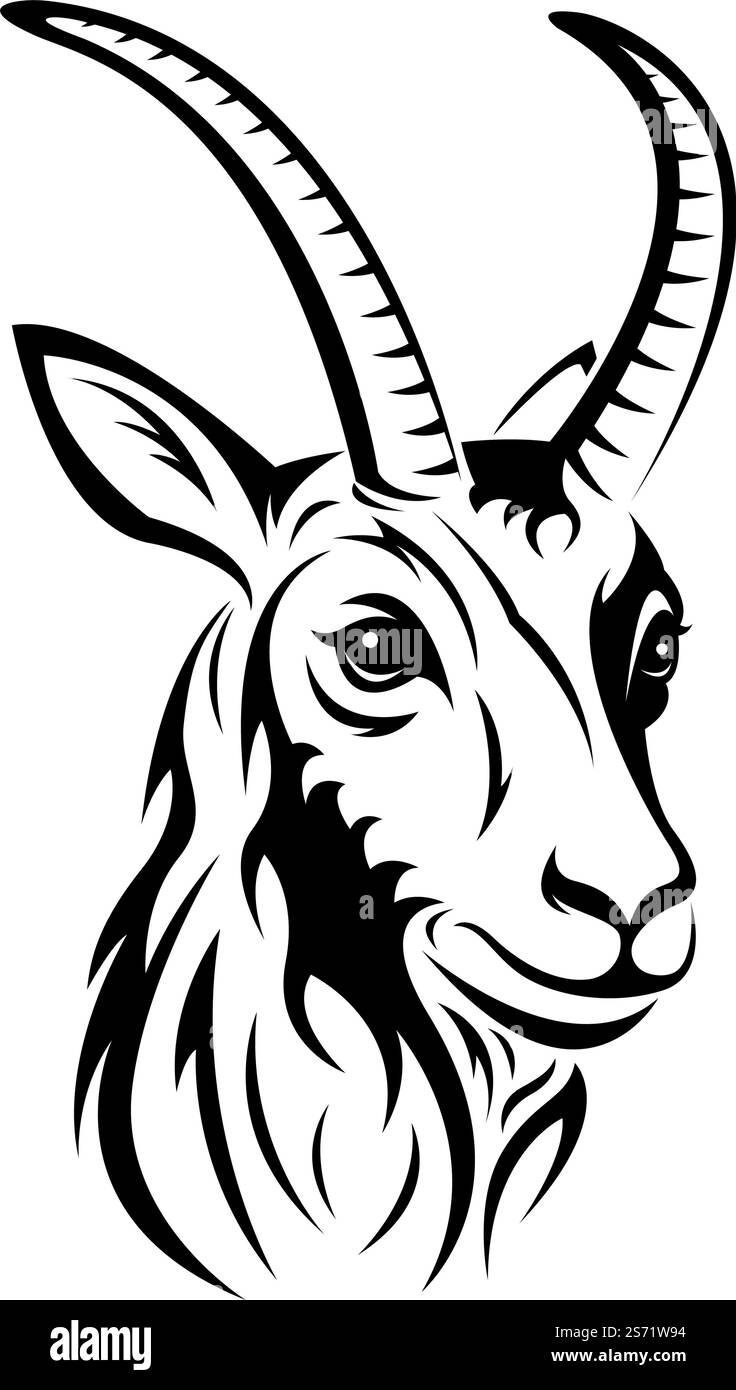 Illustrazione vettoriale in bianco e nero stilizzata di una testa di camoscio, perfetta per la natura, animali selvatici e disegni a tema animale. Illustrazione Vettoriale