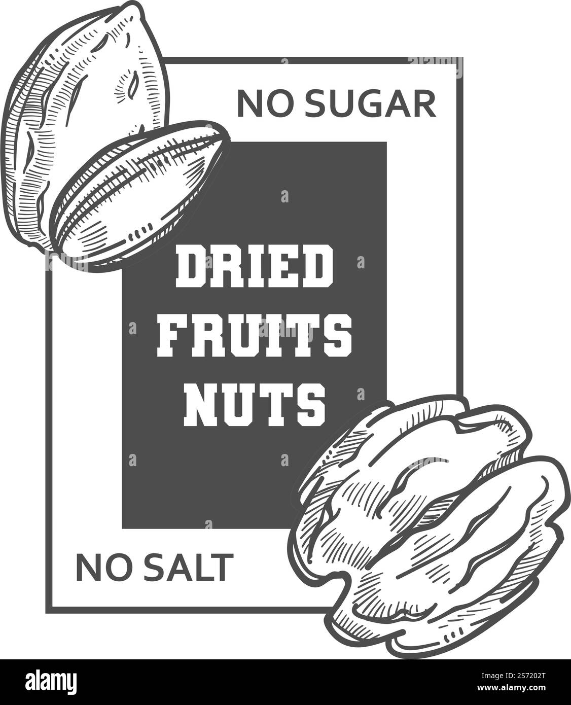 Spuntini naturali e biologici, frutta secca e noci, senza aggiunta di zucchero o sale. Logotipo isolato di negozio, pistacchio e noce. Contorno monocromatico dello schizzo del simbolo o del logotipo per il punto vendita. Vettore in piano. Frutta secca e noci, senza zucchero e senza sale Illustrazione Vettoriale