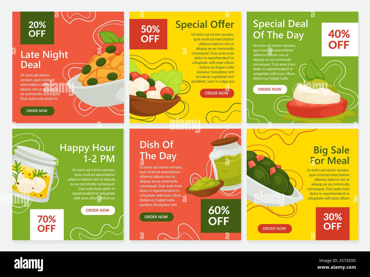 I piatti Olive offrono un concetto, illustrazione vettoriale. Post-Collection sui social media con promozione ristorante. Offerta scontata, offerta speciale per tarda notte e happy hour. Set pubblicitario Cafe. I piatti Olive offrono un concetto, illustrazione vettoriale Illustrazione Vettoriale