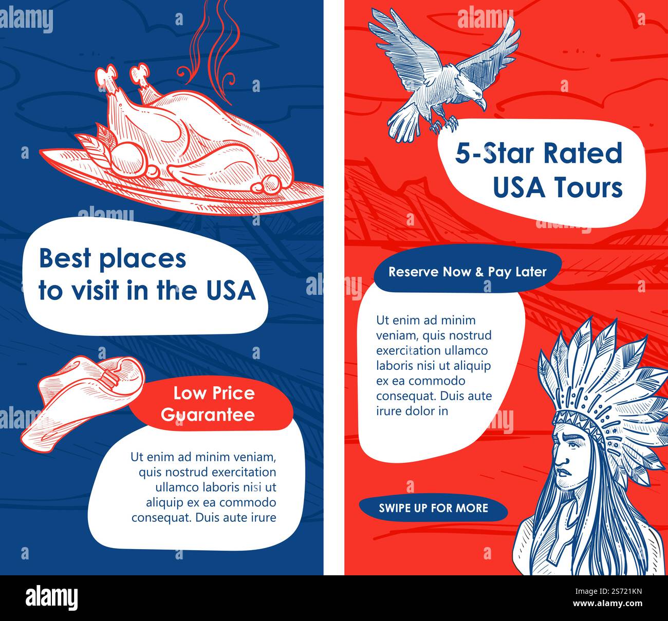 I posti migliori da visitare negli stati uniti d'America, i tour degli Stati Uniti hanno votato prezzi bassi e garanzia di qualità. Le principali attrazioni culinarie e la cultura dei nativi americani. tacchino al forno e simbolo dell'aquila, vettore in piano. Tour degli stati uniti, i migliori luoghi da visitare in america Illustrazione Vettoriale