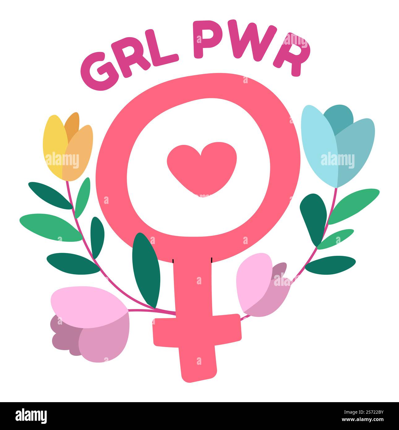 Decorazioni floreali e segno di venere, slogan femminile di potere. Simbolo isolato con fiori in fiore, femminilità e movimento femminista. Responsabilizzazione e lotta per la parità dei diritti. Vettore in stile piatto. Potenza femminile, slogan femminismo con decorazioni floreali Illustrazione Vettoriale