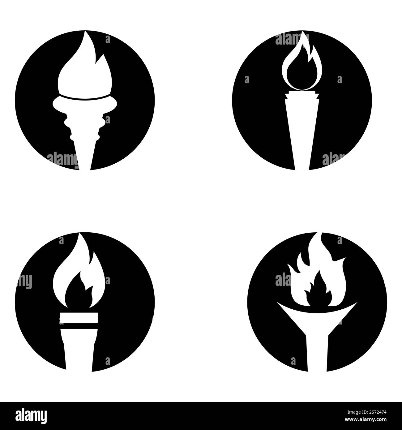 Torcia antincendio con icone piatte. Raccolta di simboli fiammeggianti, illustrazione Illustrazione Vettoriale