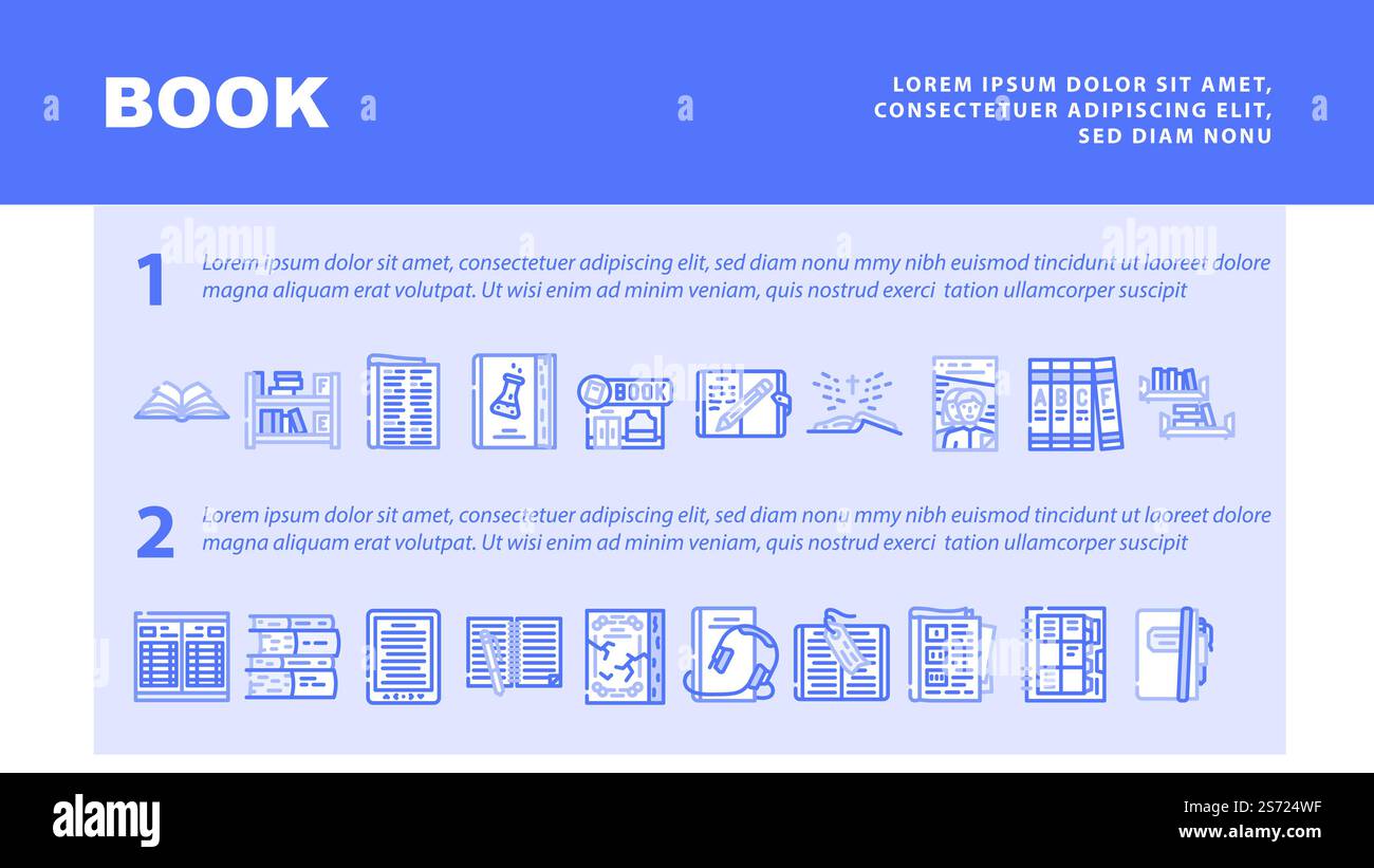 Libro e rivista premere per leggere il vettore di intestazione della pagina Web di destinazione. Accessorio segnalibro per la lettura di Enciclopedia e Sacra Bibbia, Diario e notebook, illustrazioni a colori per audiolibri elettronici didattici. Libro e rivista premere per leggere il vettore dell'intestazione di destinazione Illustrazione Vettoriale