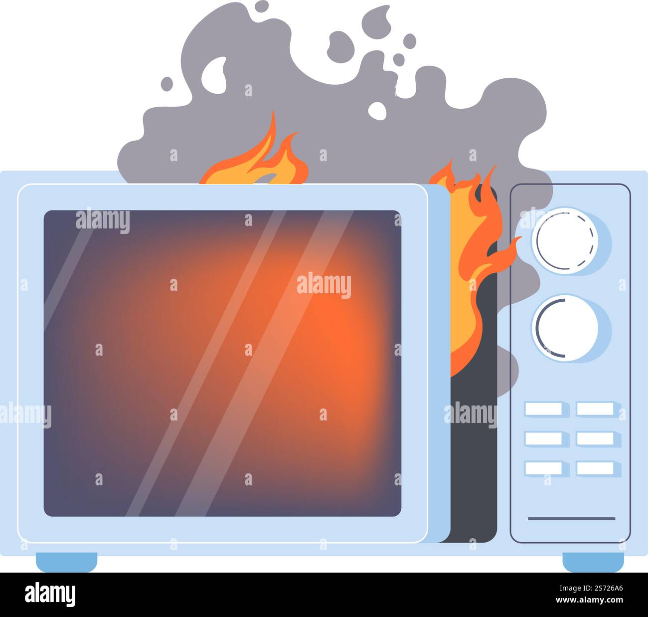 Forno elettrico a microonde rotto con fiamme, fuoco e fumo. Elettrodomestici e tecnologie per la cucina e il riscaldamento. Gadget surriscaldato o danneggiato per la casa. Vettore dell'apparecchiatura in piano. Forno a microonde rotto bruciato, fuoco e fiamme Illustrazione Vettoriale