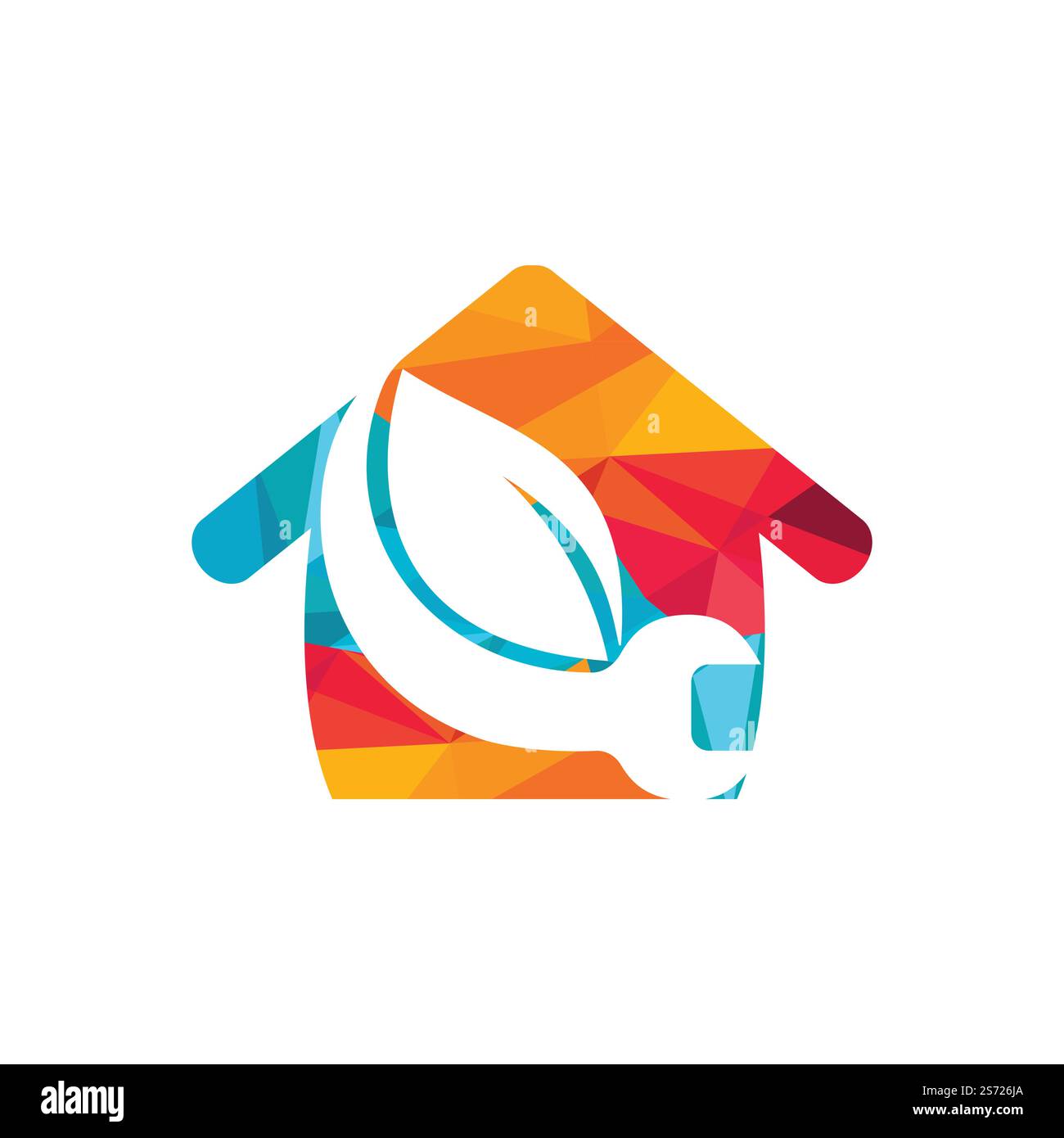 Design con logo Home combinato con chiave e foglie. Design del logo natura della foglia di servizio di riparazione. Illustrazione Vettoriale