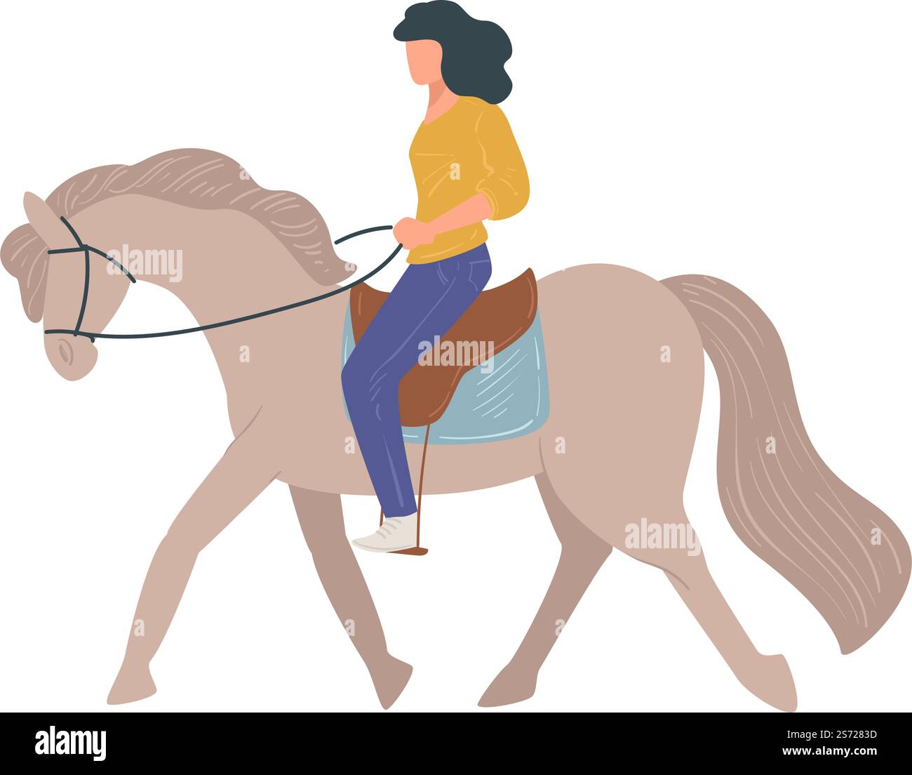 Donna in sella a cavallo che impara a cavalcare, gli sport equini migliorano le abilità e il dressage. Personaggio femminile con postura corretta, attività ricreative e divertimento hobby o attività in estate. Vettore in stile piatto. Equitazione femminile, divertimento con gli equini Illustrazione Vettoriale