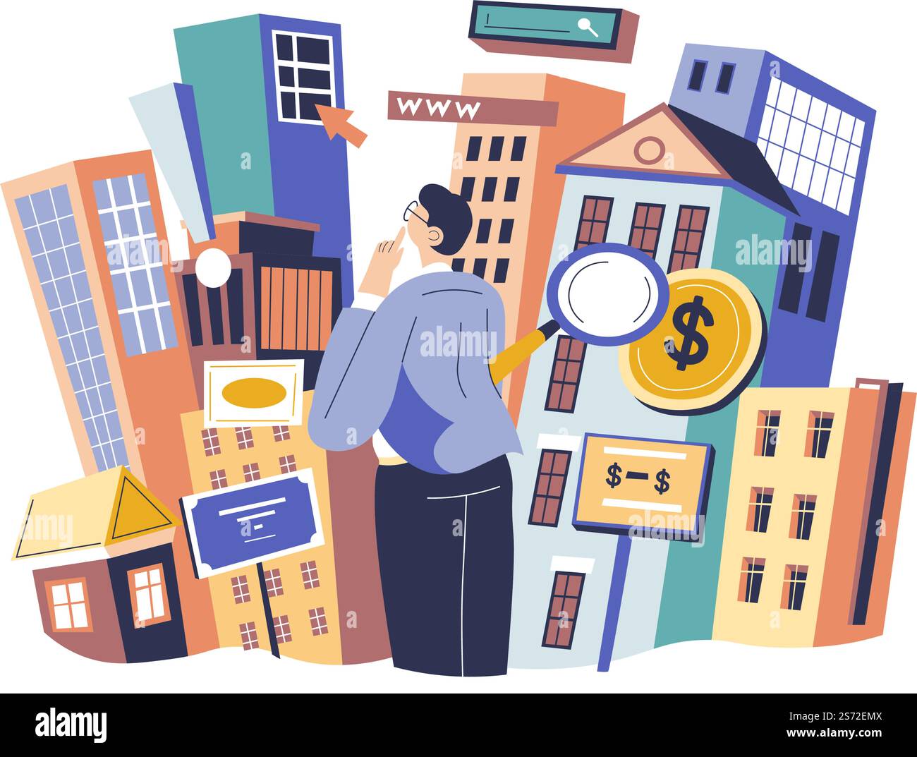 Personaggio maschile che pensa di comprare un appartamento o una casa, uomo che sceglie casa per vivere. Edifici e denaro, lente d'ingrandimento simbolo della ricerca scrutata del cliente. Investitore o agente immobiliare. Vettore in stile piatto. Cliente che sceglie casa da acquistare, esaminando le proposte Illustrazione Vettoriale