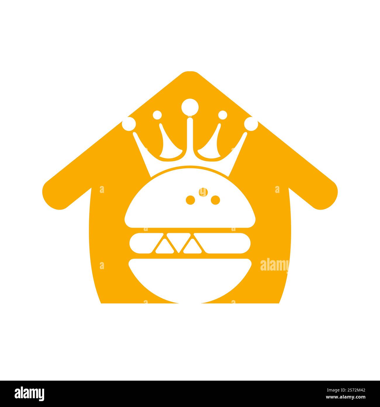 Burger King logo design vettoriale. Burger con corona e baffi con logo a forma di casa. Illustrazione Vettoriale