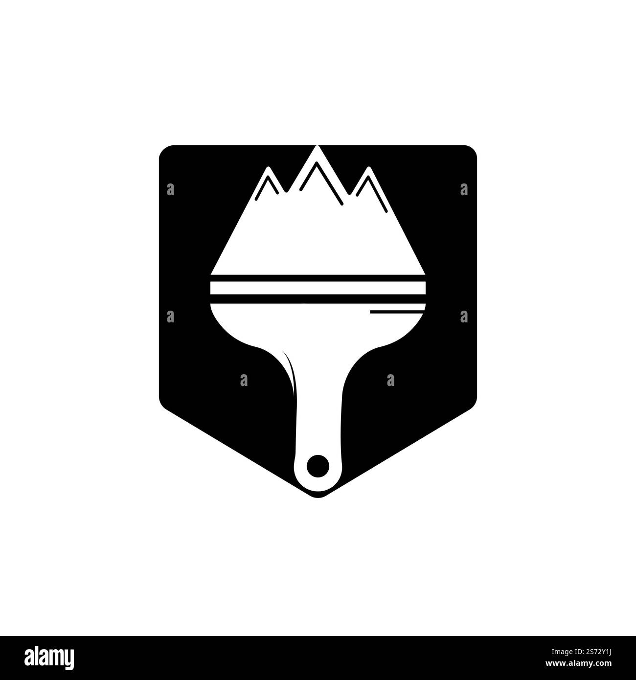 Modello di disegno del logo vettoriale della vernice della montagna. Disegno vettoriale di icone di montagna e pennello. Illustrazione Vettoriale