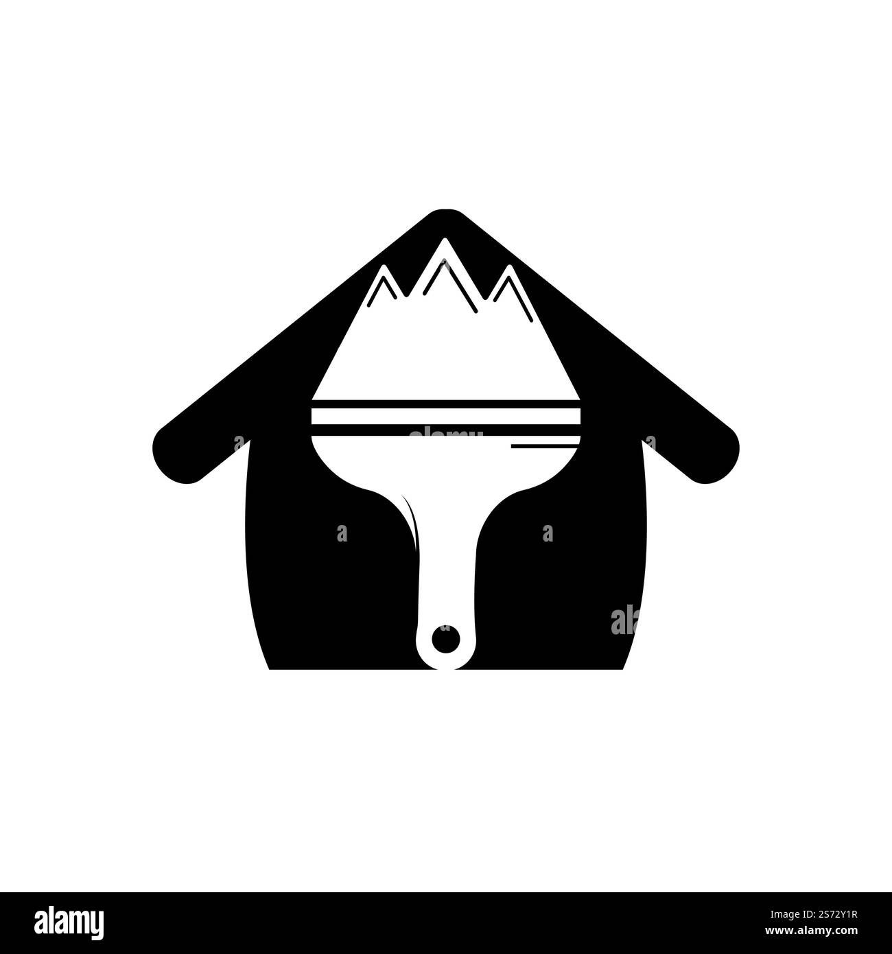 Modello di disegno del logo vettoriale Mountain Paint. Pennello da montagna e da pittura con design vettoriale per icone della casa. Illustrazione Vettoriale