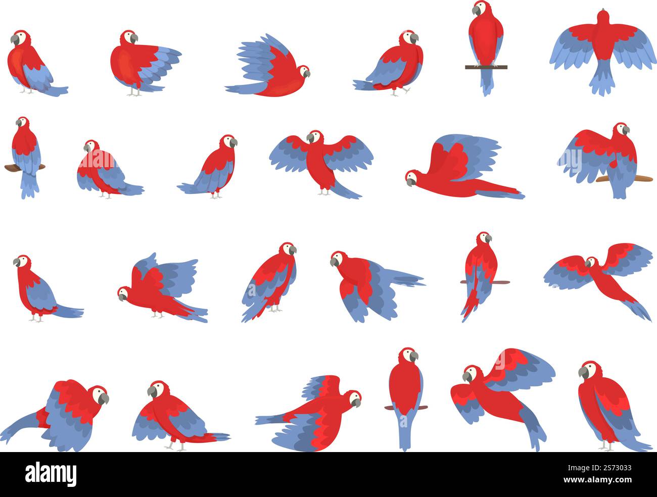 Le icone Macaw impostano il vettore dei cartoni animati. Pappagallo volante. Uccello tropicale. Le icone Macaw impostano il vettore dei cartoni animati. Pappagallo volante Illustrazione Vettoriale