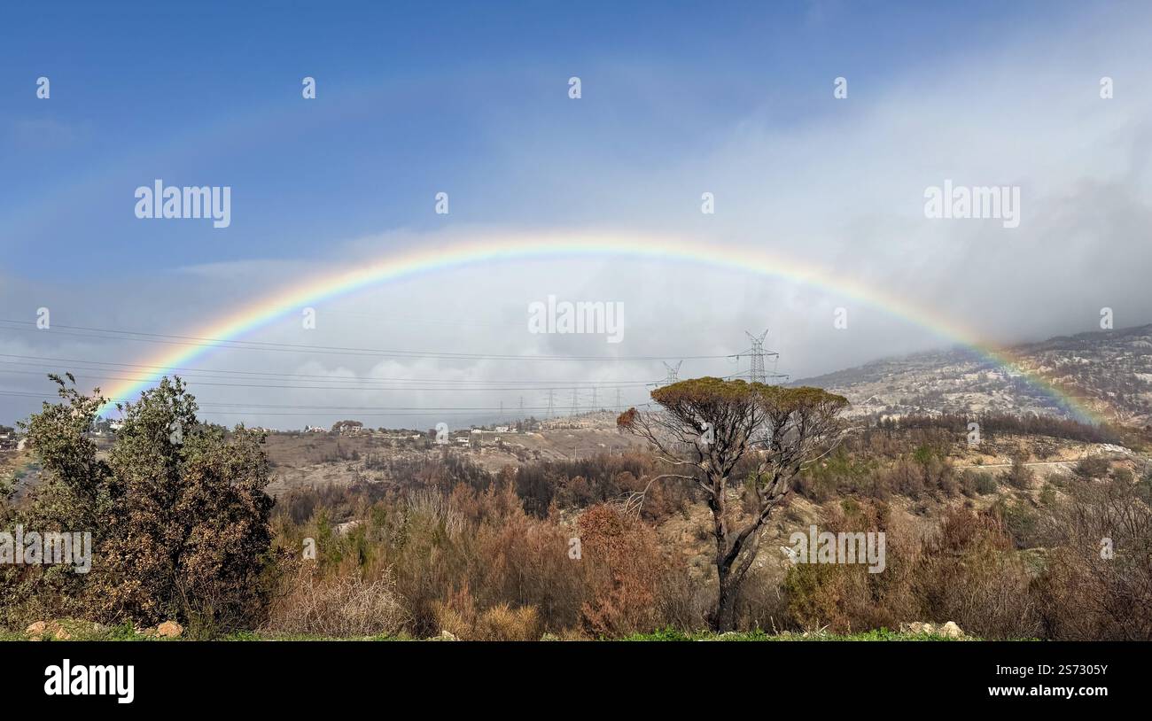 Rainbow Hope sul paesaggio bruciato, rinnovamento dopo distruzione, disastro dopo incendio. Penteli, Atene Grecia Foto Stock