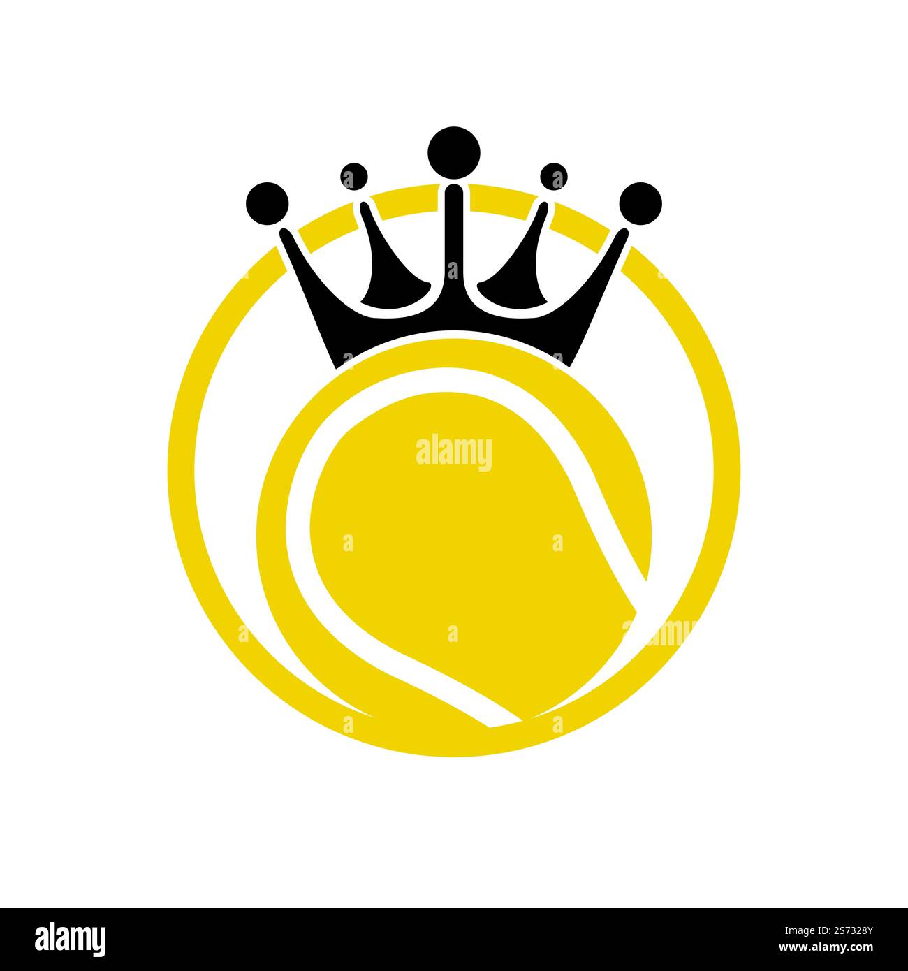 Tennis king design vettoriale logo. Palla da tennis e modello con icona a forma di corona. Illustrazione Vettoriale