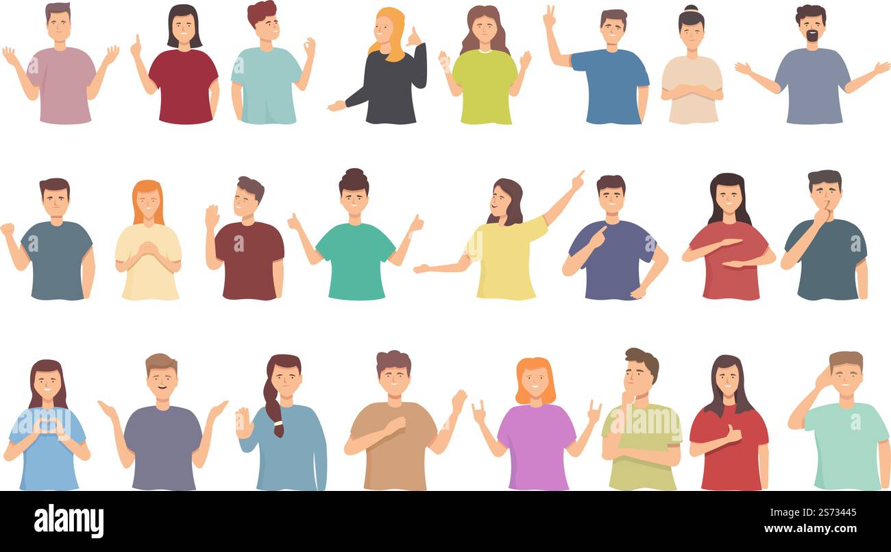 Le persone che parlano con le icone dei gesti delle mani impostano il vettore dei cartoni animati. La gente dice. Perdita di sordi. Le persone che parlano con le icone dei gesti delle mani impostano il vettore dei cartoni animati. La gente dice Illustrazione Vettoriale