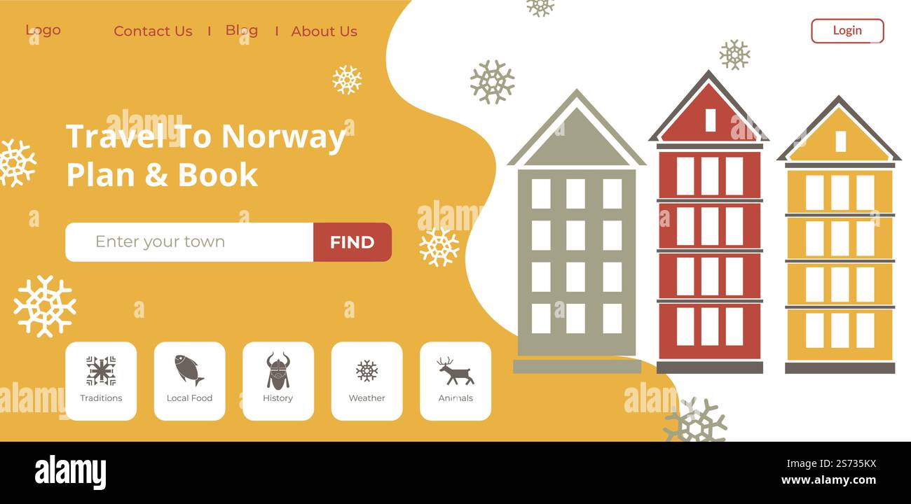 Vacanze e vacanze nel paese scandinavo, viaggio in Norvegia, sito web di agenzia che fornisce consigli e consigli. Attrazioni turistiche, casa di bergen ed edifici. Vettore in stile piatto. Viaggi in Norvegia pianifica e prenota, sito web dell'agenzia Illustrazione Vettoriale