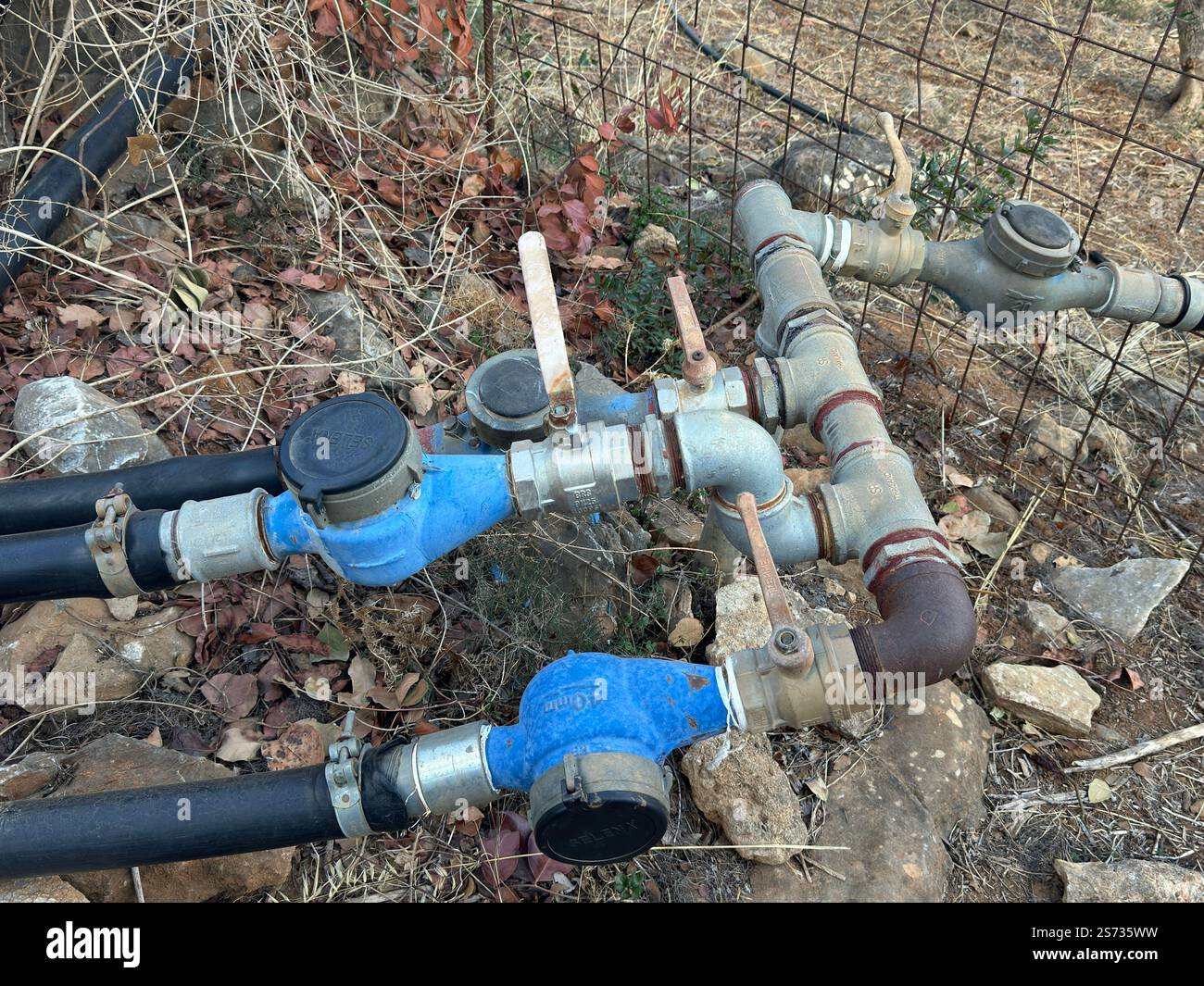 Diverse valvole collegate tra loro forniscono acqua a vari oliveti Foto Stock