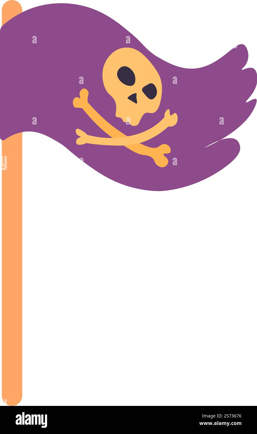 Simbolo della pirateria, bandiera isolata sul palo raffigurante ossa incrociate e abilità. Segno dell'emblema o del logotipo dei pirati. Paura e violenza sulla superficie del mare, tessuti ondulati con texture colorate. Vettore in stile piatto. Bandiera dei pirati con cranio e ossa, asta e tessuto Illustrazione Vettoriale