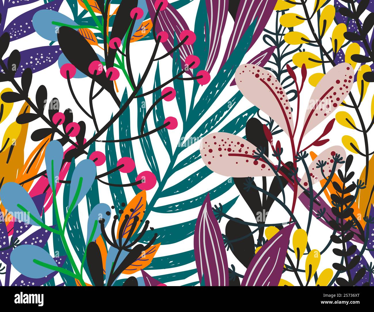 Foglie e fogliame, materiale tropicale ed esotico. Fiori e rami in fiore con foglie, ramoscelli ornamenti decorativi. Motivo, sfondo o sfondo di stampa senza cuciture. Vettore in stile piatto. Motivo esotico tropicale con foglie e fogliame Illustrazione Vettoriale