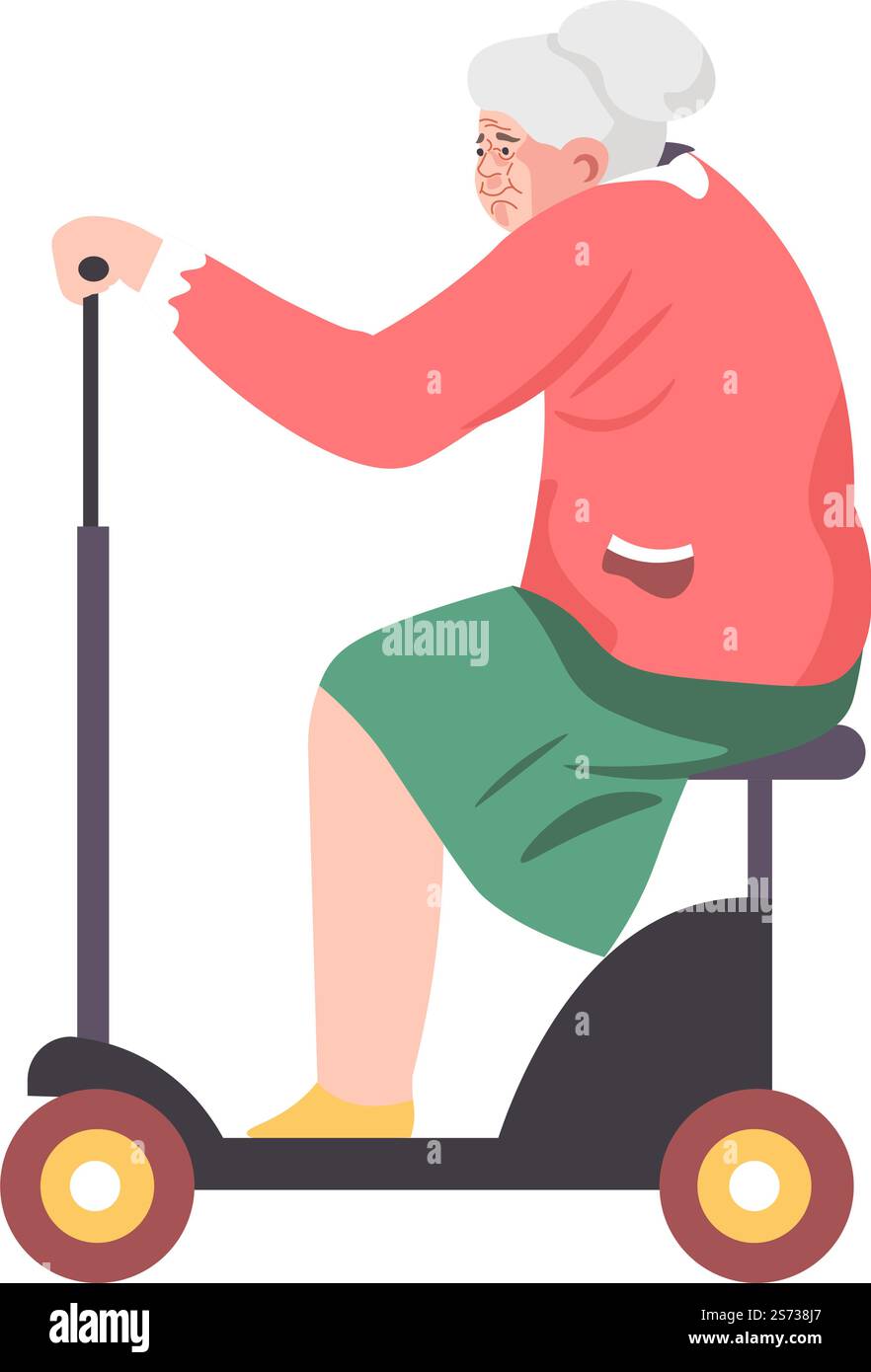 Personaggio femminile in sella a un moderno scooter elettrico, in viaggio o in viaggio. Trasporto ecologico, anziana pensionata che si diverte sulla strada. Tempo libero e riposo della nonna. Vettore in stile piatto. Nonna in sella a uno scooter moderno, signora divertente Illustrazione Vettoriale