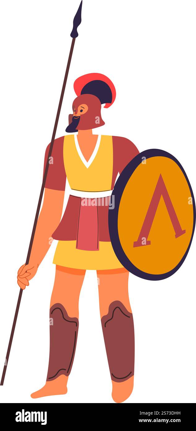 Soldato guerriero romano, isolato legionario centurion pronto per la battaglia. Personaggio maschile che indossa casco e scudo, lancia e costume per la protezione degli organi vitali del corpo. Vettore in stile piatto. Guerriero della Legione, soldato romano con scudo di lancia Illustrazione Vettoriale