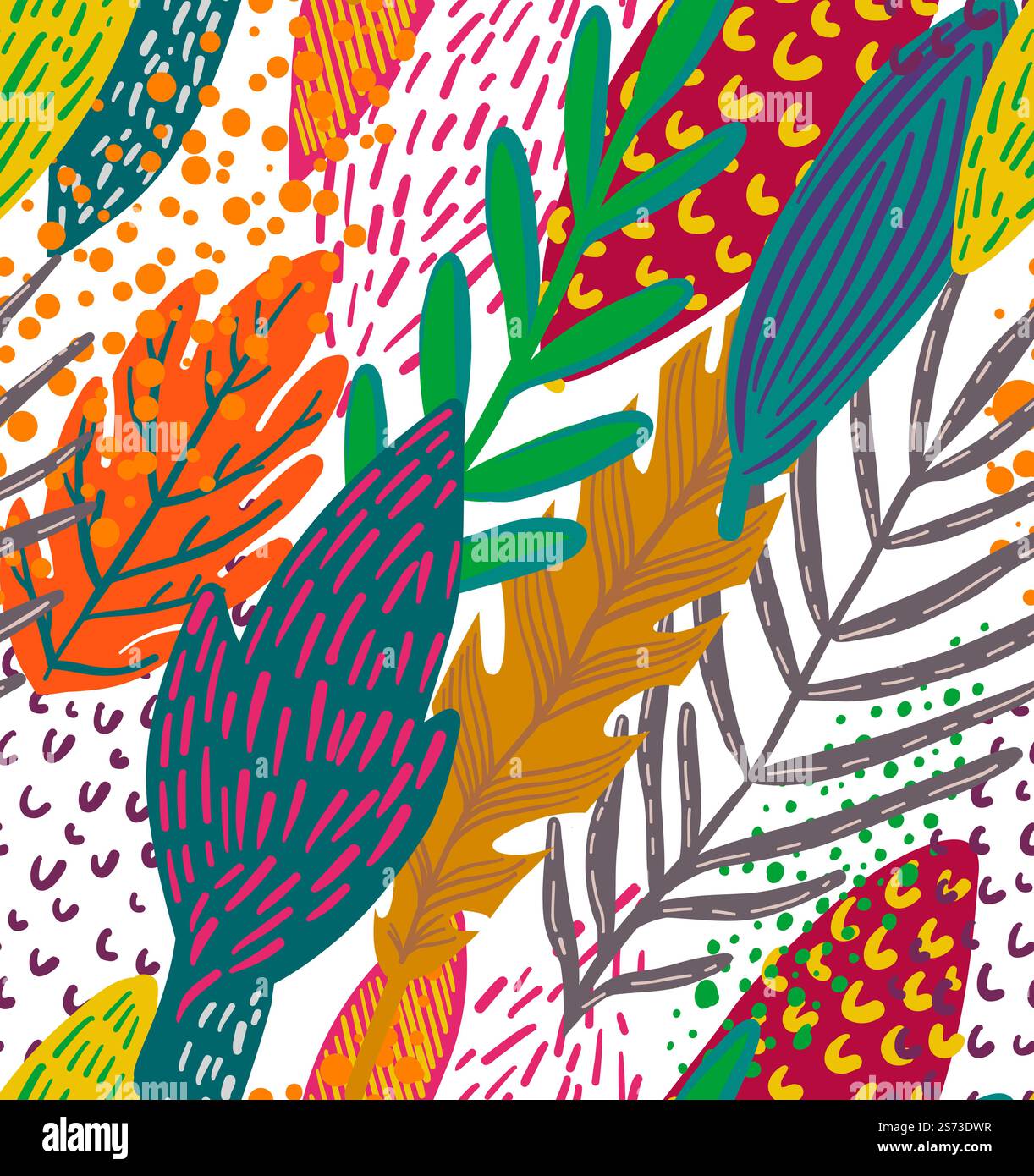 Foglie e fogliame decorativi, vegetazione lussureggiante, rami tropicali, monstera e palme. Design esotico e floreale. Motivo, sfondo o sfondo di stampa senza cuciture. Vettore in stile piatto. Foglie lussureggianti, sfondo senza cuciture Illustrazione Vettoriale