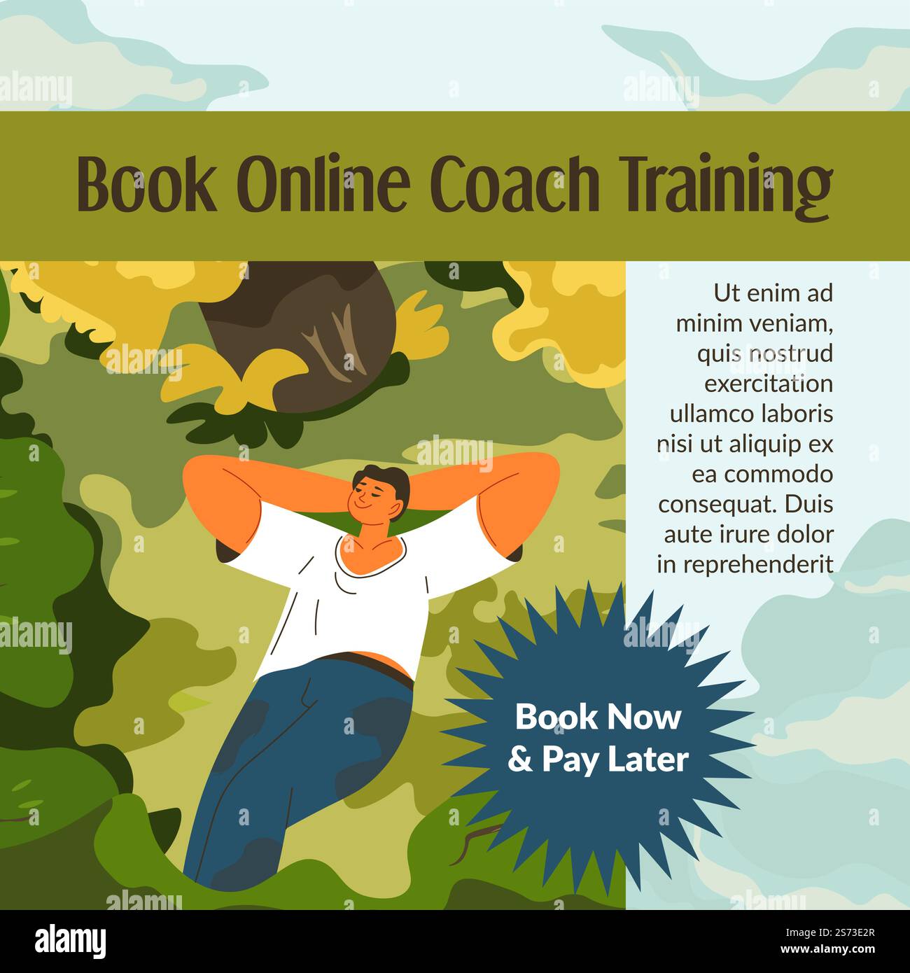 Formazione di coaching online, prenota ora e paga più tardi. Motivazione e trasformazione della vita, cambiamento di mentalità e guida il tutor. Banner promozionale, poster pubblicitario. Vettore in piano. Prenotate corsi di formazione online per allenatori e cambiate la vostra vita Illustrazione Vettoriale