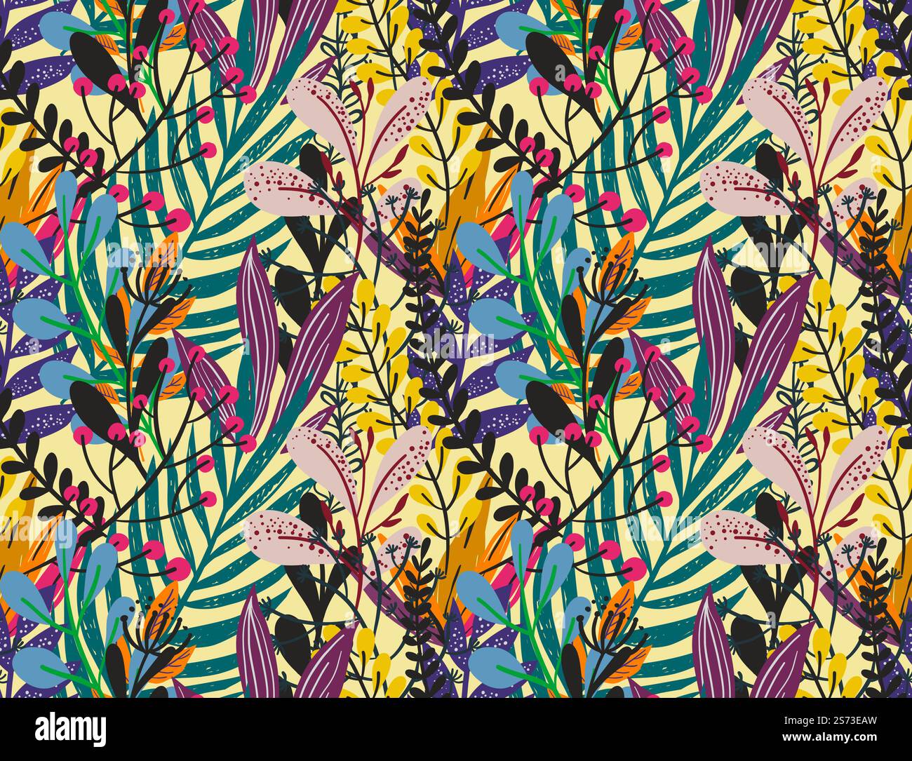 Foglie tropicali ed esotiche e fogliame, piante botaniche e decorazioni ornamentali. Monstera e palma. Motivo, sfondo o sfondo di stampa senza cuciture. Vettore in stile piatto, illustrazione. Lussureggiante vegetazione esotica o tropicale, ramificata con foglie Illustrazione Vettoriale