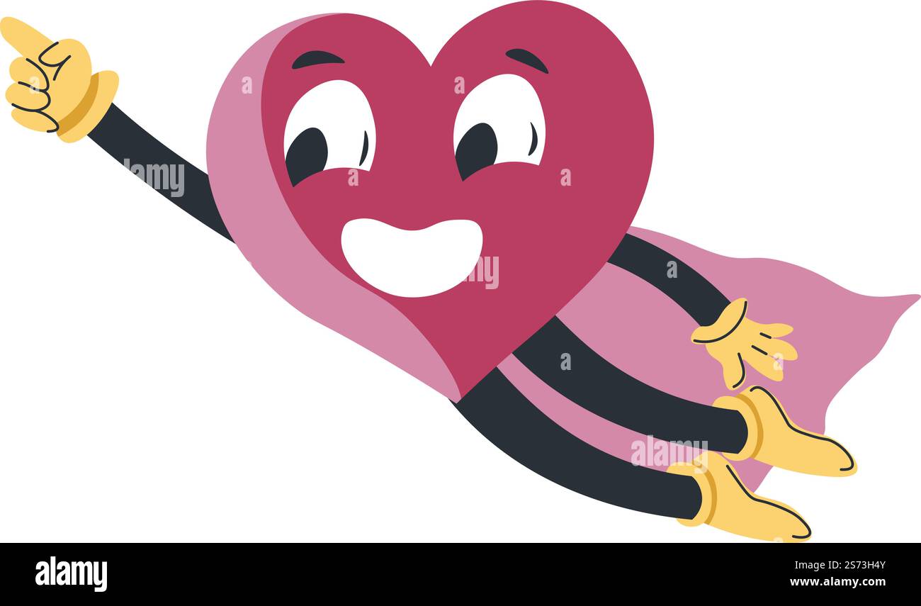 Personaggio del cuore che indossa abiti da eroe o mantello e vola. Personalità isolata, simbolo di amore e sentimenti profondi o devozione. Persona carina che punta in alto. Adesivo o emoji, emoticon. Vettore in stile piatto. Personaggio del cuore eroe che indossa l'abito, simbolo d'amore Illustrazione Vettoriale