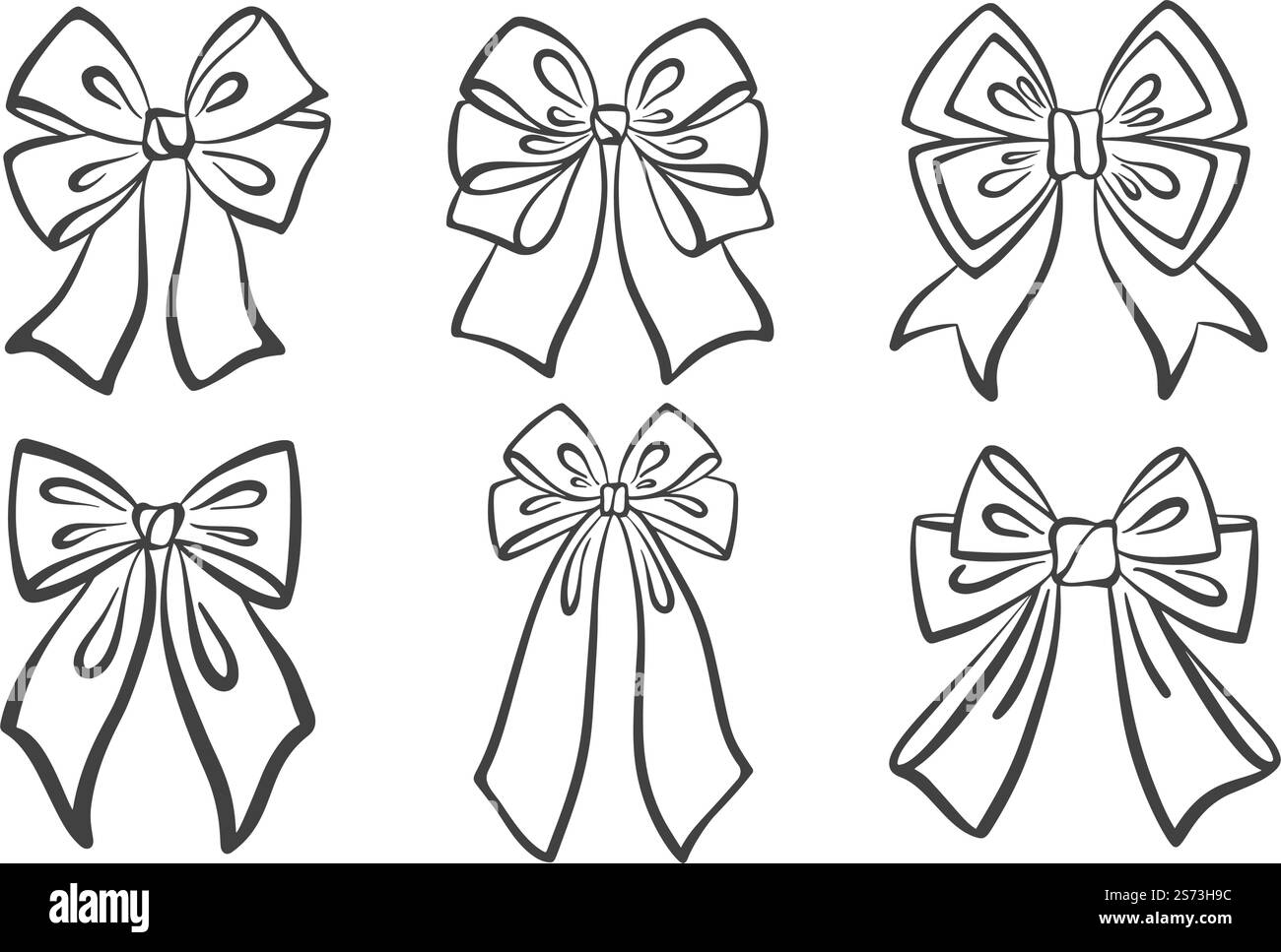 Delinea i fiocchi con nastri e nodi su sfondo bianco. Illustrazioni vettoriali dello stile di schizzo con linea nera. Graziose silhouette vintage disegnate a mano, perfette Illustrazione Vettoriale
