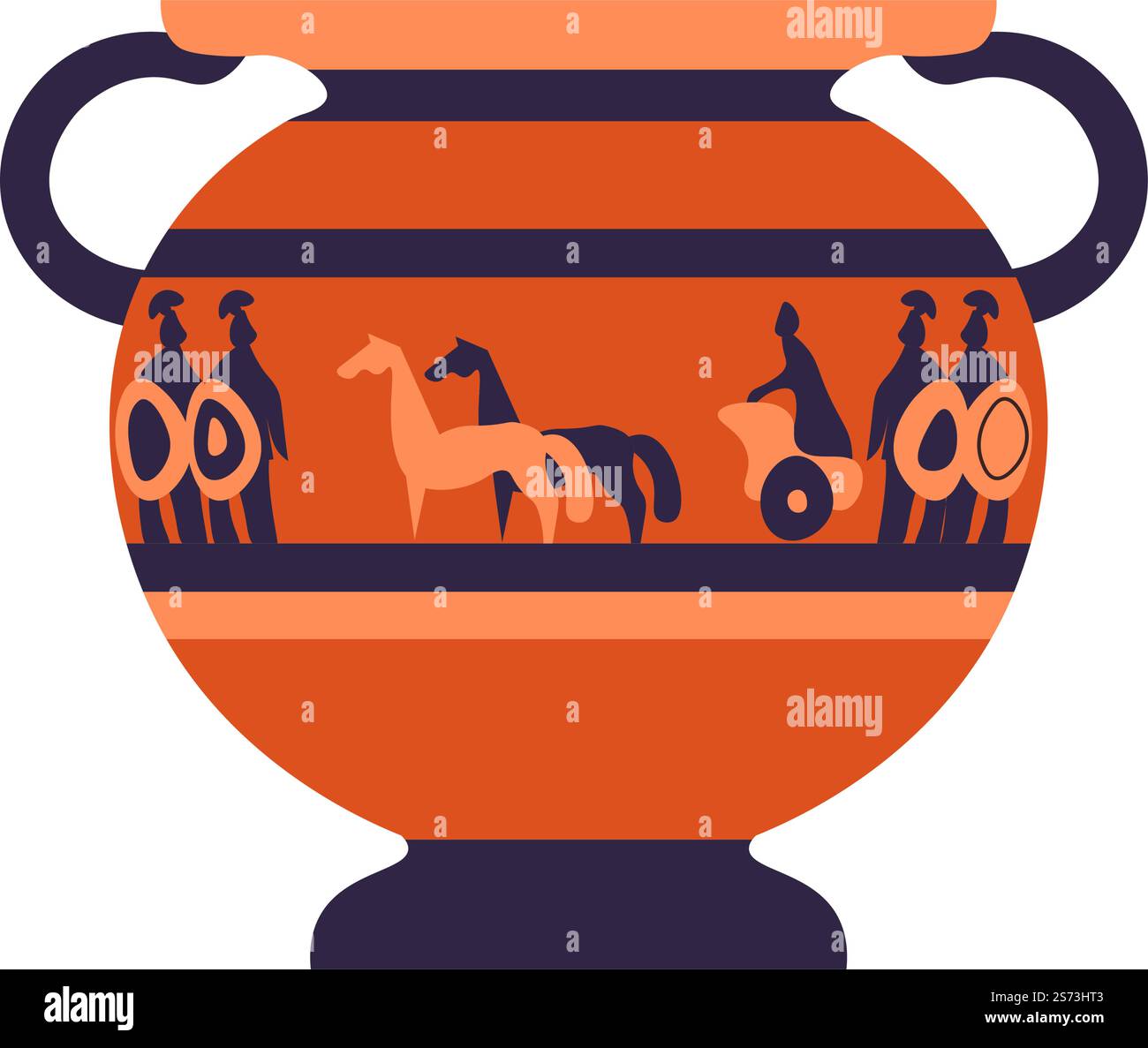 Arte e sculture greche o romane, vasi antichi isolati con scene di battaglia o eventi storici. Pentola o caraffa in ceramica con manici, artigianato decorativo e stoviglie fatte a mano. Vettore in stile piatto. Vaso antico, arte e sculture greche o romane Illustrazione Vettoriale