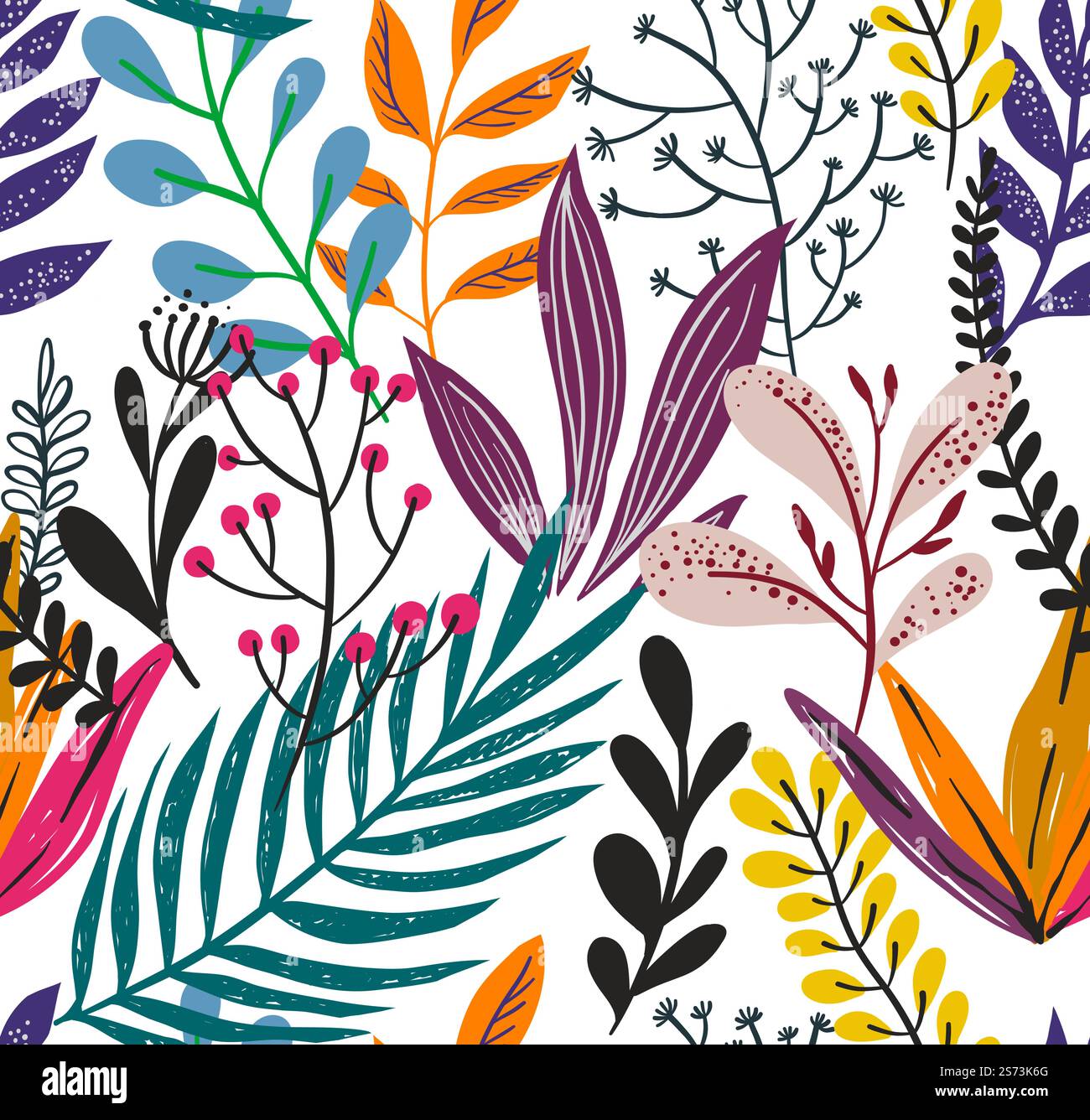 Foglie e fogliame esotici, design floreale tropicale e fioritura della foresta pluviale. Palme e ramoscelli, rami in fiore. Motivo, sfondo o sfondo di stampa senza cuciture. Vettore in stile piatto. Stampe di foglie e fogliame esotico tropicale Illustrazione Vettoriale