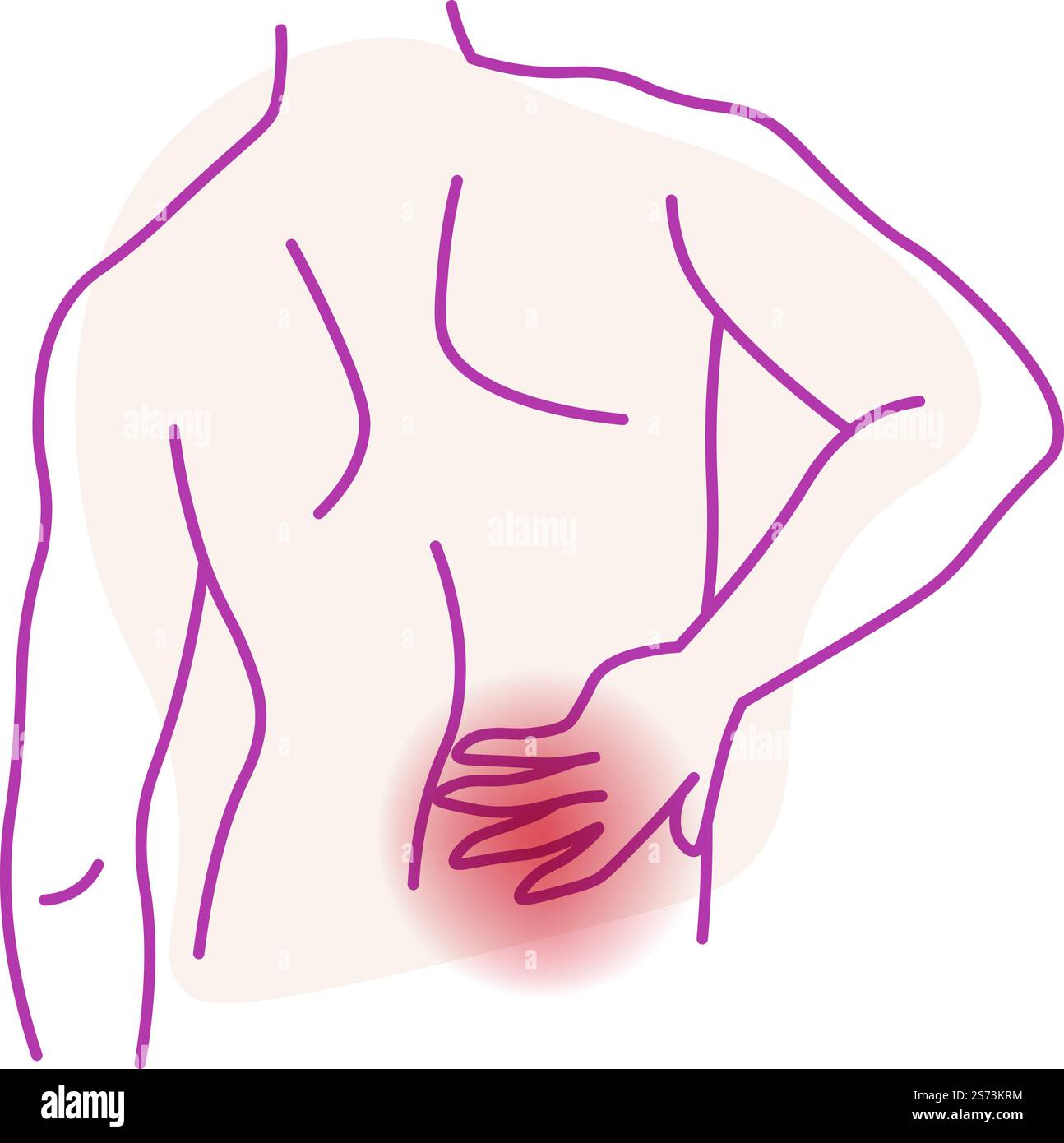 Dolori prolungati nella schiena dell'uomo, sintomi di bacache isolati e trattamento. Assistenza sanitaria e problemi di benessere e solidità. Disegno minimalista con area di dolore, vettore in un'illustrazione in stile piatto. Mal di schiena dolore prolungato nei problemi di salute della schiena Illustrazione Vettoriale