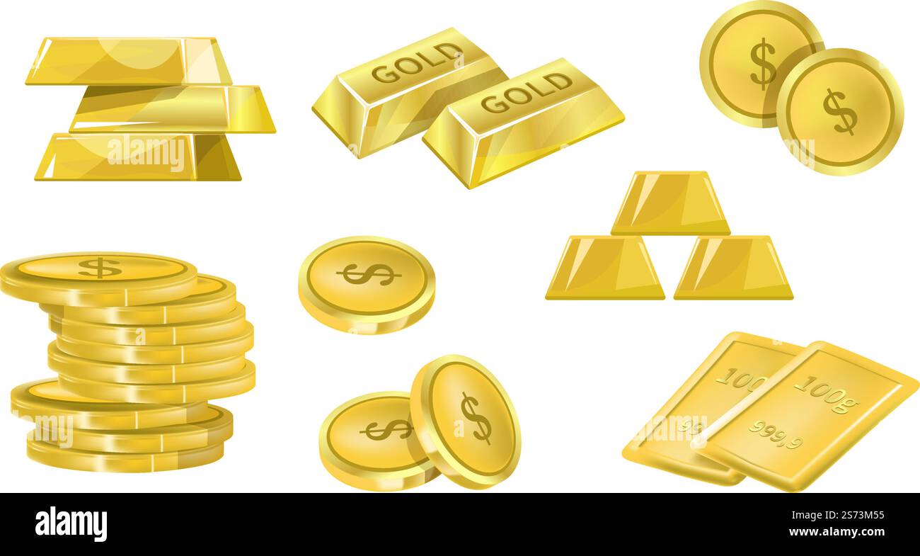 Ricchezza e ricchi metalli preziosi, lingotti d'oro isolati, denaro e monete. Attività finanziarie e risparmi, crescita economica. Varietà di prodotti. Vettoriale in stile piatto, icona minimalista. Oro e metallo prezioso ricchezza e ricchezza vettoriale Illustrazione Vettoriale