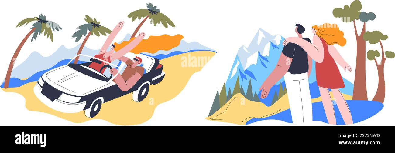 Vacanze e vacanze riposo estivo e relax. Persone che viaggiano in montagna e costa. Persone che guidano auto per distanza e palme. Escursioni e trekking in coppia. Vettore in stile piatto. Vacanze estive in montagna e in riva al mare Illustrazione Vettoriale