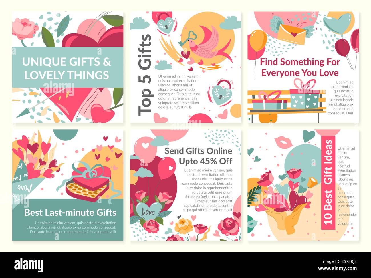 Invia articoli pubblicitari per servizi online in omaggio al set postale. Raccolta pubblicitaria sui social media con i migliori regali dell'ultimo minuto, illustrazione vettoriale. Cuore colorato, fiore, scatola, bouquet al design della rete. Invia articoli pubblicitari per servizi online in omaggio al set postale Illustrazione Vettoriale