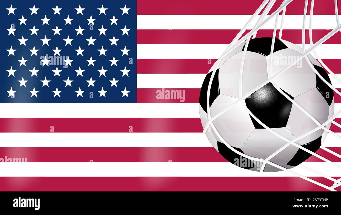 Calcio pallone da calcio in rete con la bandiera lucida degli Stati Uniti, accessori sportivi Illustrazione Vettoriale