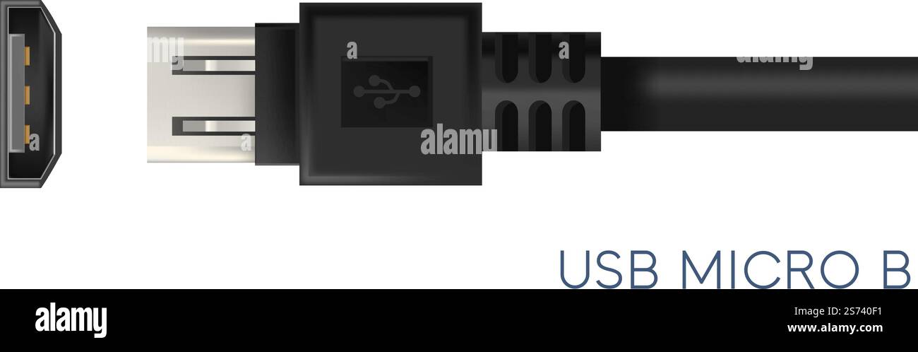 Tipi di connettori per unità esterne, fotocamere digitali o altre periferiche come un computer. Cavo USB B isolato con pin. Trasmissione dei dati tramite filo. Immagine vettoriale in stile piatto. Connettori di tipo USB micro B per gadget vettoriali Illustrazione Vettoriale