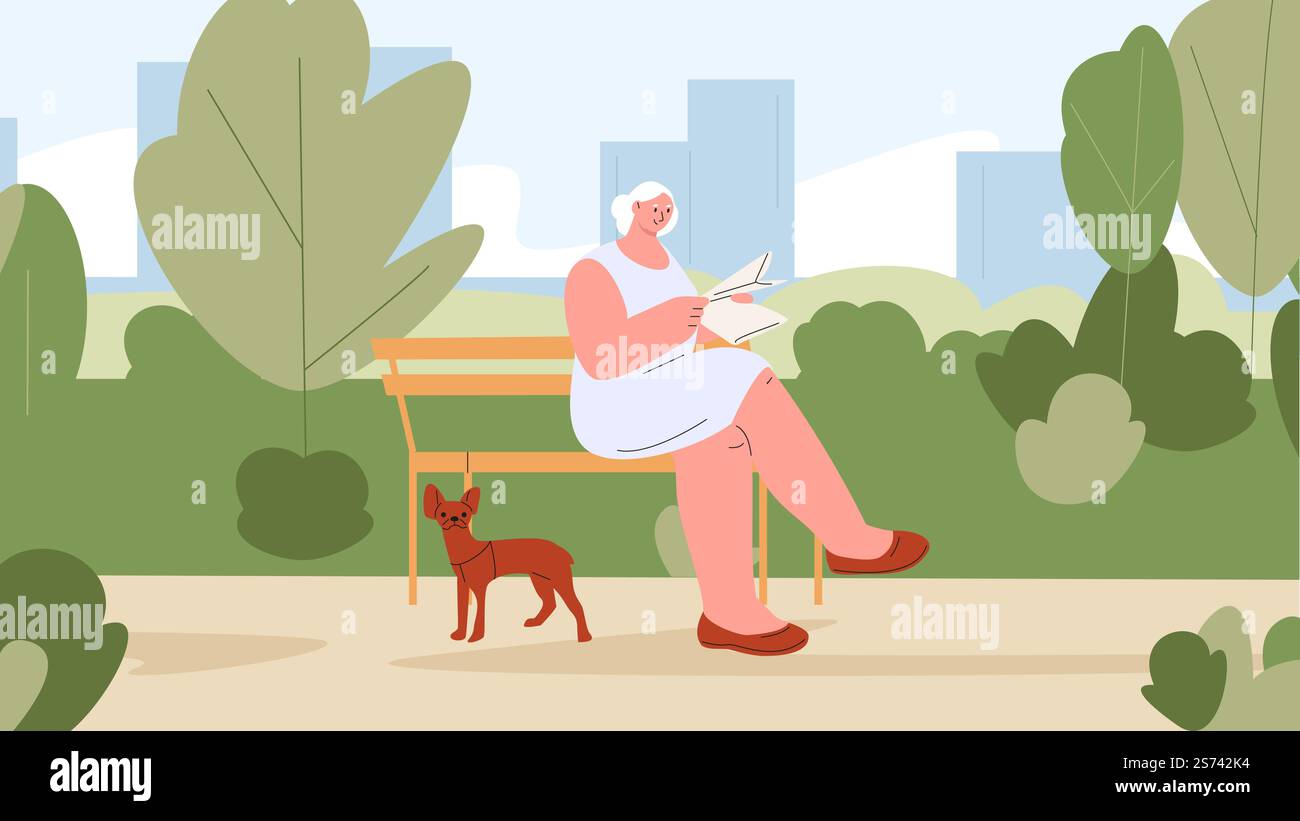Una vecchia si rilassa nel parco verde con il cane. Il personaggio femminile seduto sulla panchina legge il giornale, la scena vettoriale all'aperto della donna nel parco illustrazione con il cane. Una vecchia si rilassa nel parco verde con il cane. Il personaggio femminile seduto sulla panchina legge il giornale, la scena del vettore temporale all'aperto Illustrazione Vettoriale