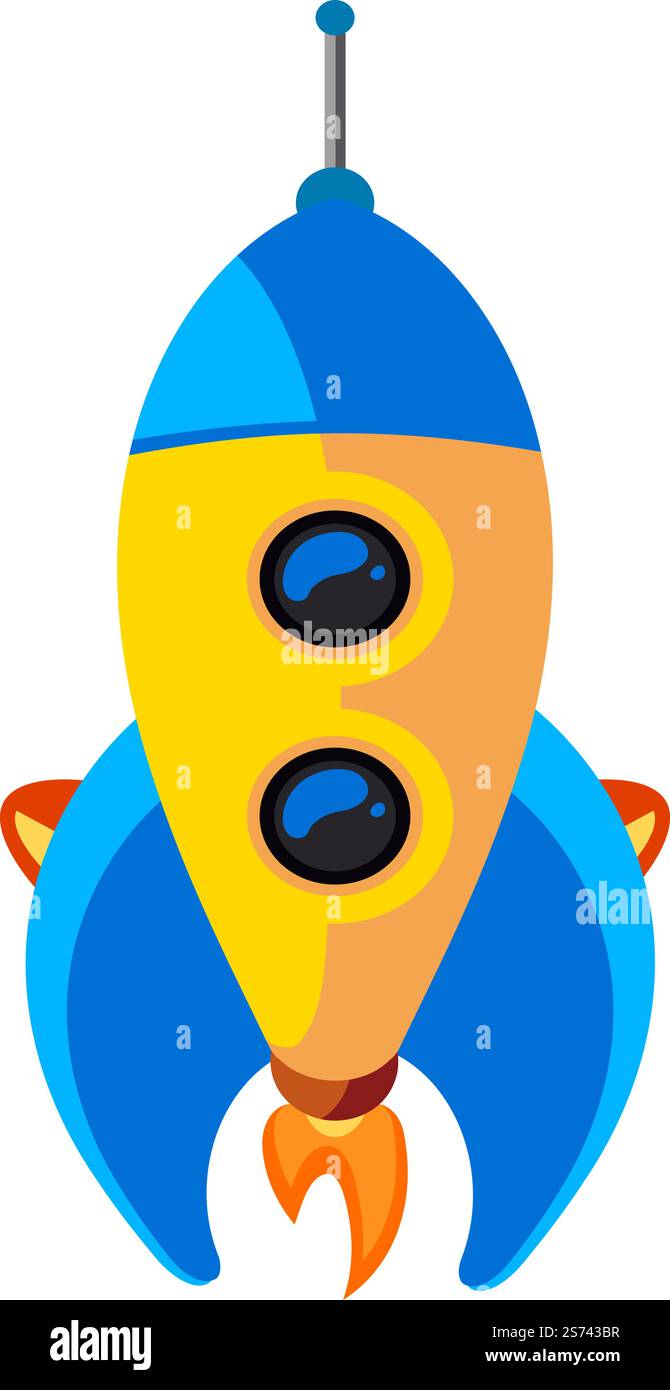 Lancio del razzo. Navetta aerospaziale con fiamma antincendio. Nave spaziale volante isolata su sfondo bianco. Lancio del razzo. Navetta aerospaziale con fiamma antincendio. Nave spaziale volante Illustrazione Vettoriale