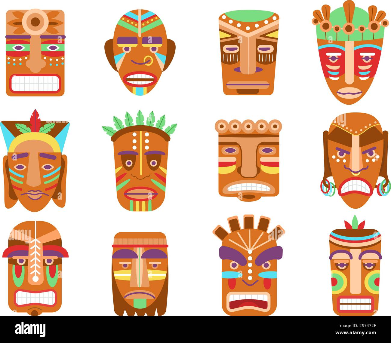 Maschera tiki africana. Maschere etniche, totem hawaii o tribù maya. I volti dei guerrieri in legno, gli idoli aztechi tribali ornamentali. Decorazioni spaventose Set vettoriale decente di totem maschera hawaii viso illustrazione. Maschera tiki africana. Maschere etniche, totem hawaii o tribù maya. I volti dei guerrieri in legno, gli idoli aztechi tribali ornamentali. Decorazioni spaventose Set vettoriale decente Illustrazione Vettoriale